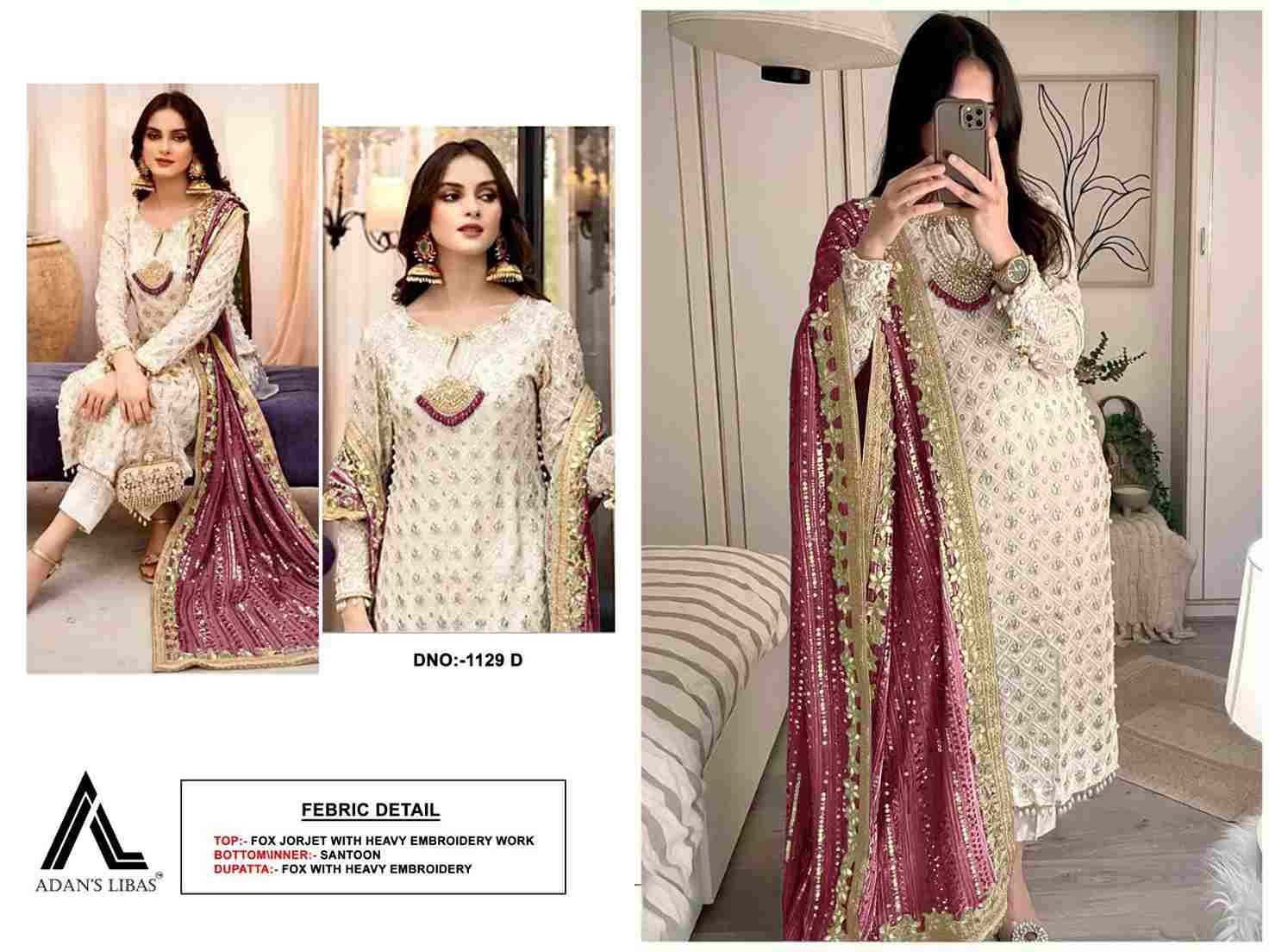 Adans Libas 1129 Colours By Adans Libas 1129-A To 1129-D Series Beautiful Pakistani Suits Colorful Stylish Fancy Casual Wear & Ethnic Wear Faux Georgette Embroidered Dresses At Wholesale Price