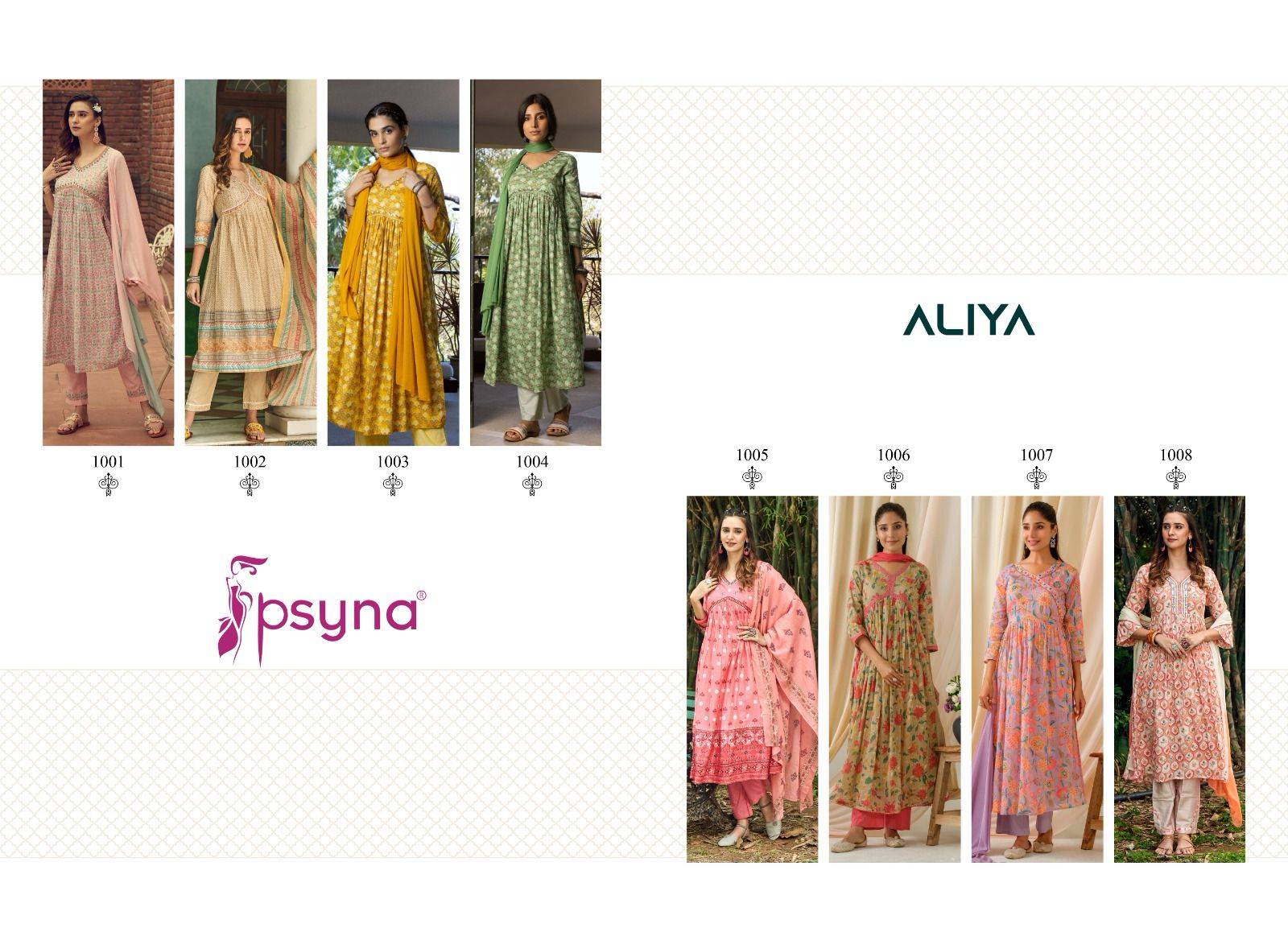 Aliya By Psyna 1001 To 1008 Series Beautiful Festive Suits Colorful Stylish Fancy Casual Wear & Ethnic Wear Cambric Cotton Dresses At Wholesale Price