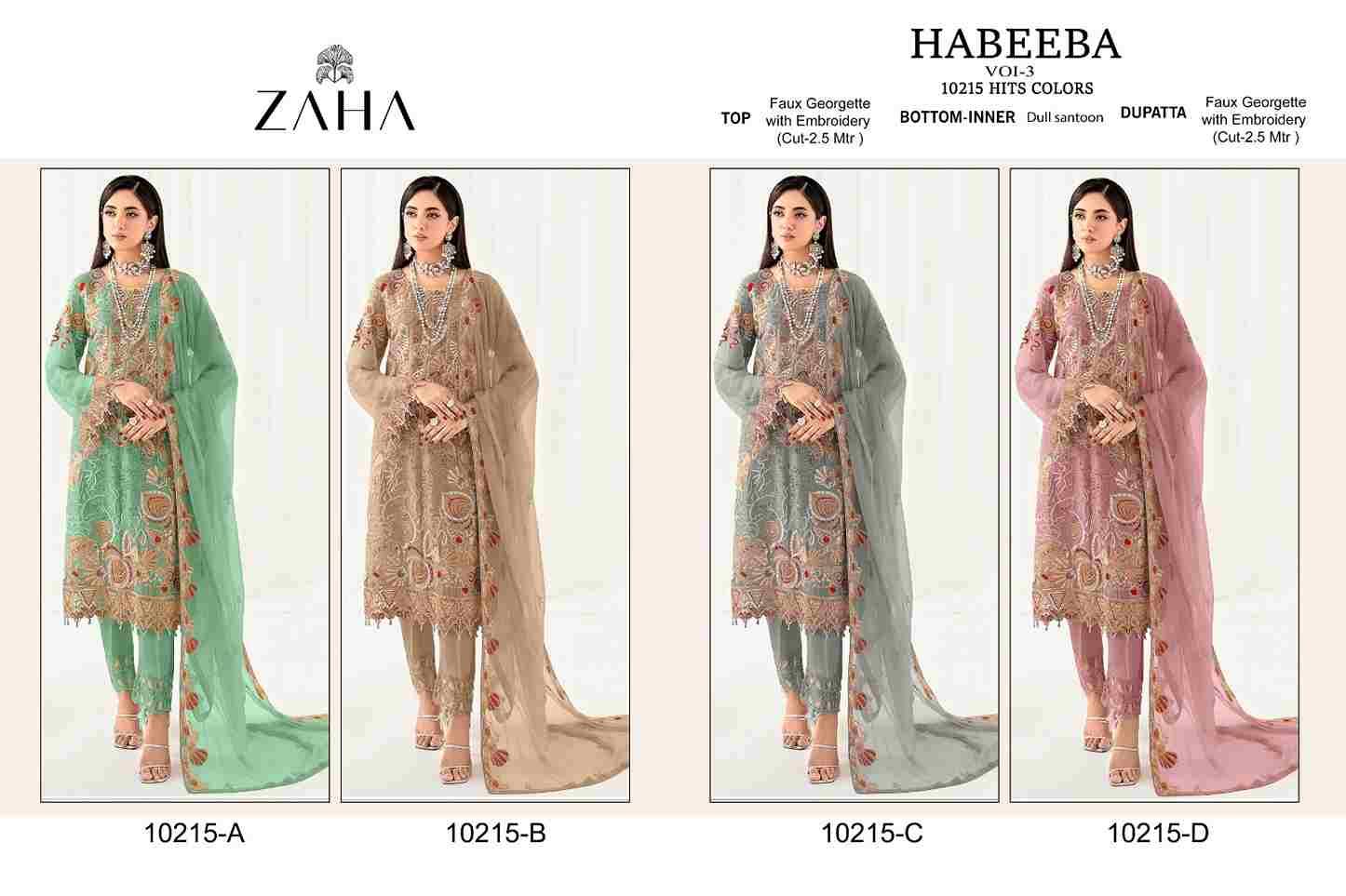 Habeeba Vol-3 By Zaha 10215-A To 10215-D Series Beautiful Pakistani Suits Colorful Stylish Fancy Casual Wear & Ethnic Wear Faux Georgette Dresses At Wholesale Price