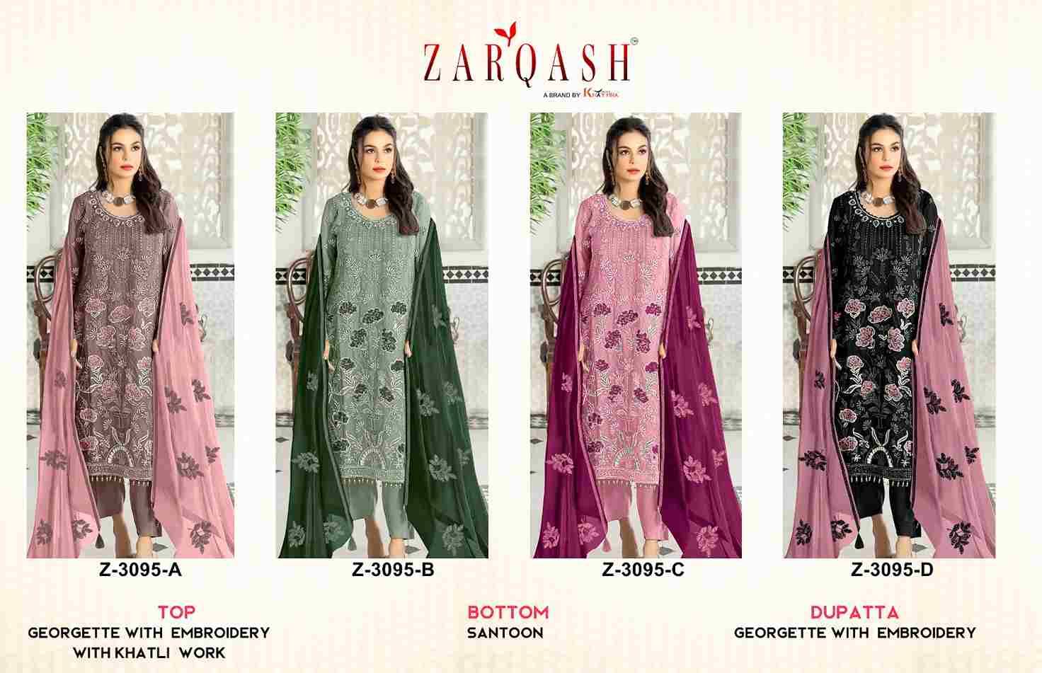 Zarqash Hit Design 3095 Colours By Zarqash 3095-A To 3095-D Series Beautiful Pakistani Suits Stylish Fancy Colorful Party Wear & Occasional Wear Georgette Embroidered Dresses At Wholesale Price