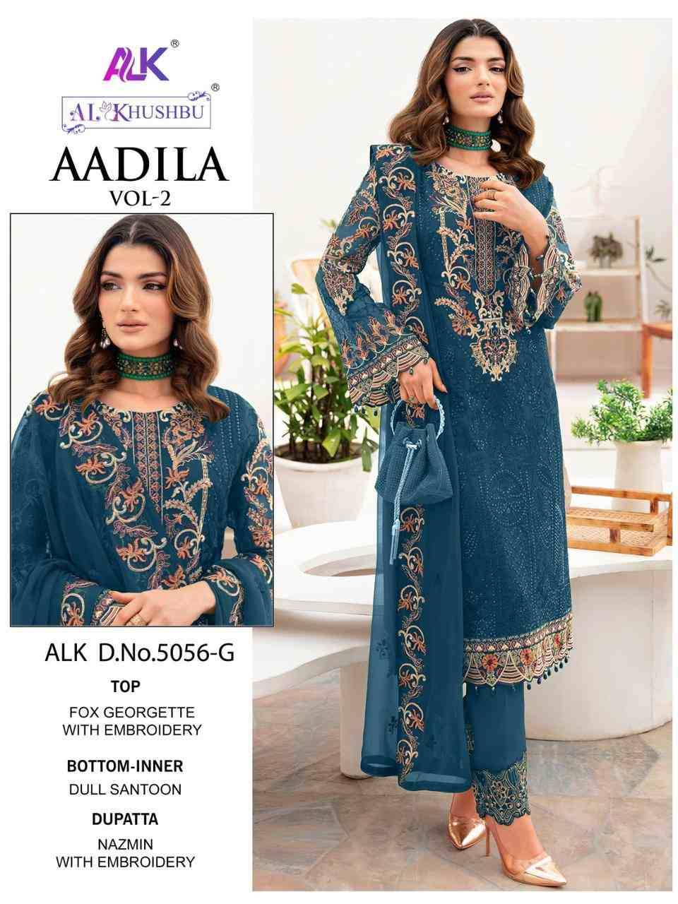 Aadila 5056 Colours Vol-2 By Al Khushbu 5056-E To 5056-H Series Beautiful Pakistani Suits Colorful Stylish Fancy Casual Wear & Ethnic Wear Faux Georgette Embroidered Dresses At Wholesale Price