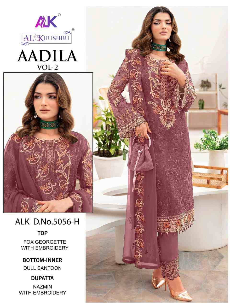 Aadila 5056 Colours Vol-2 By Al Khushbu 5056-E To 5056-H Series Beautiful Pakistani Suits Colorful Stylish Fancy Casual Wear & Ethnic Wear Faux Georgette Embroidered Dresses At Wholesale Price
