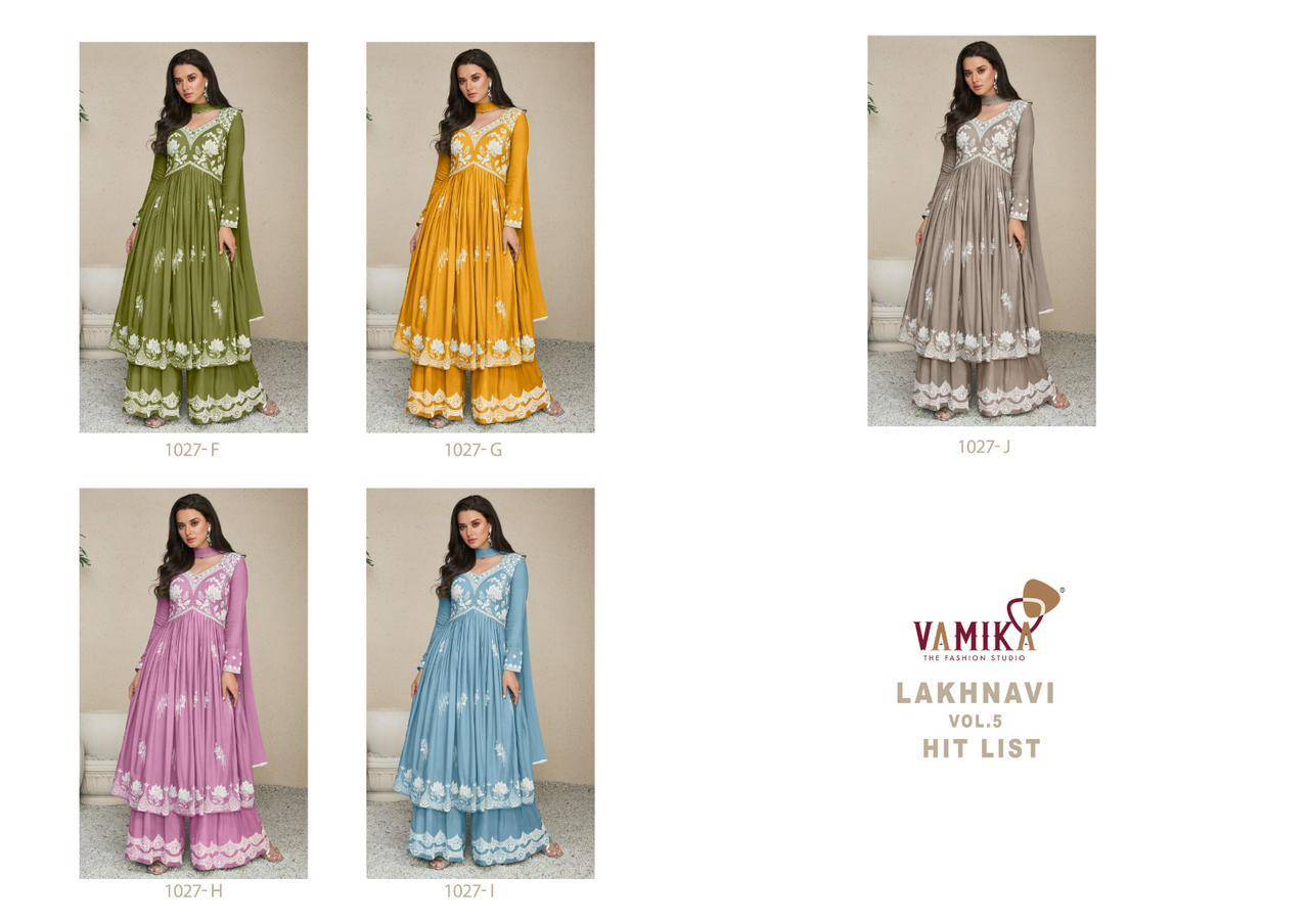 Lakhnavi Vol-5 Hit List By Vamika 1027-F To 1027-J Series Beautiful Stylish Sharara Suits Fancy Colorful Casual Wear & Ethnic Wear & Ready To Wear Pure Rayon Printed Dresses At Wholesale Price