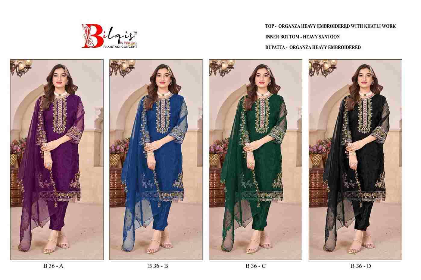Bilqis 36 Colours By Bilqis 36-A To 36-D Series Beautiful Pakistani Suits Stylish Fancy Colorful Party Wear & Occasional Wear Organza Embroidery Dresses At Wholesale Price