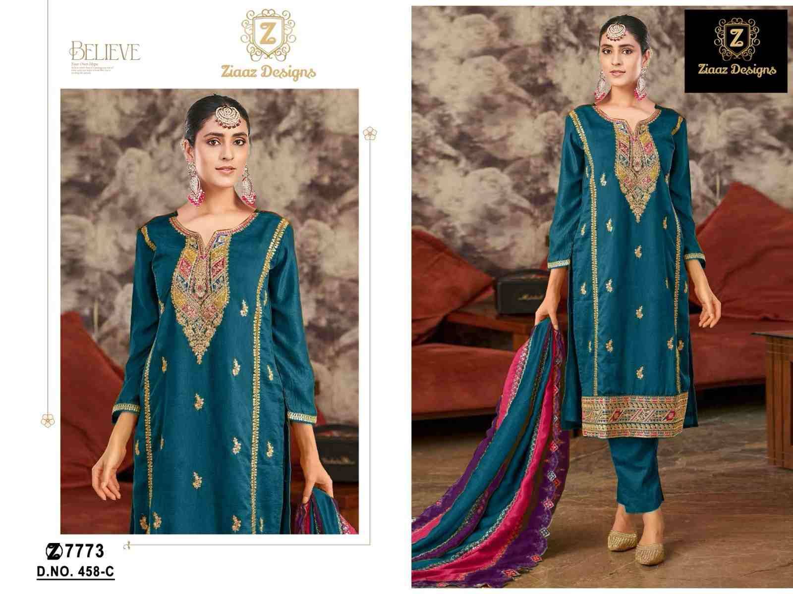 Ziaaz Designs Hit Design 458 Colours By Ziaaz Designs 458-A To 458-D Series Designer Pakistani Suits Collection Beautiful Stylish Fancy Colorful Party Wear & Occasional Wear Chinnon Embroidered Dresses At Wholesale Price