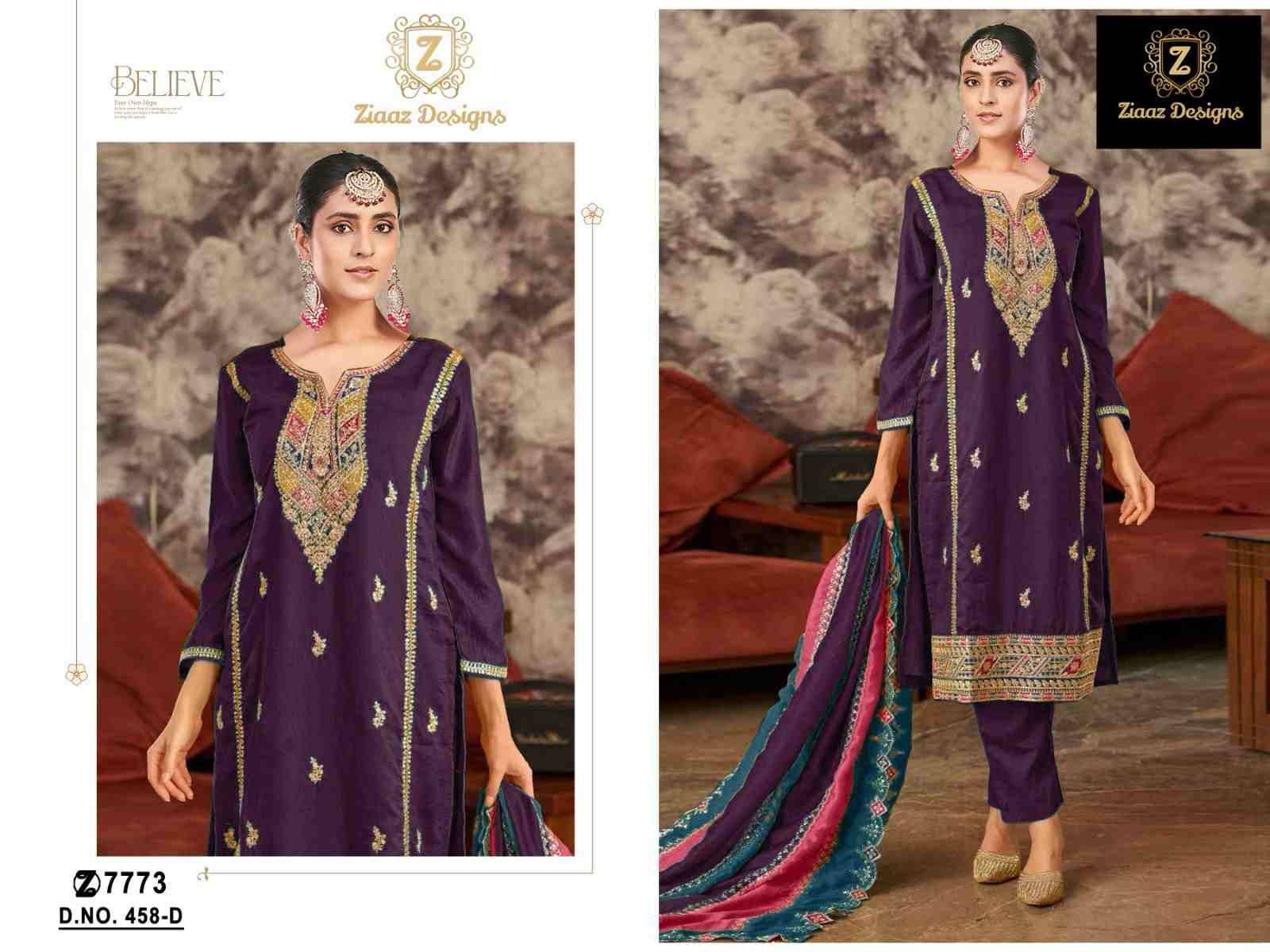 Ziaaz Designs Hit Design 458 Colours By Ziaaz Designs 458-A To 458-D Series Designer Pakistani Suits Collection Beautiful Stylish Fancy Colorful Party Wear & Occasional Wear Chinnon Embroidered Dresses At Wholesale Price