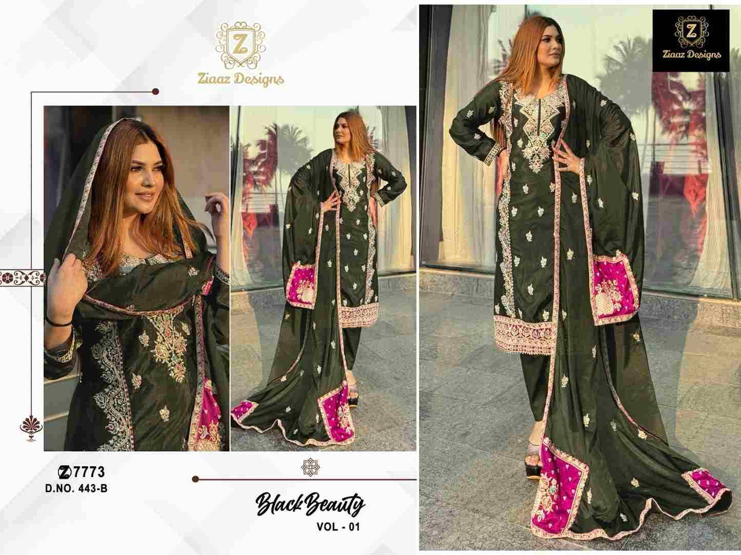 Black Beauty Vol-1 By Ziaaz Designs 443-B To 443-D Series Designer Pakistani Suits Collection Beautiful Stylish Fancy Colorful Party Wear & Occasional Wear Chinnon Embroidered Dresses At Wholesale Price