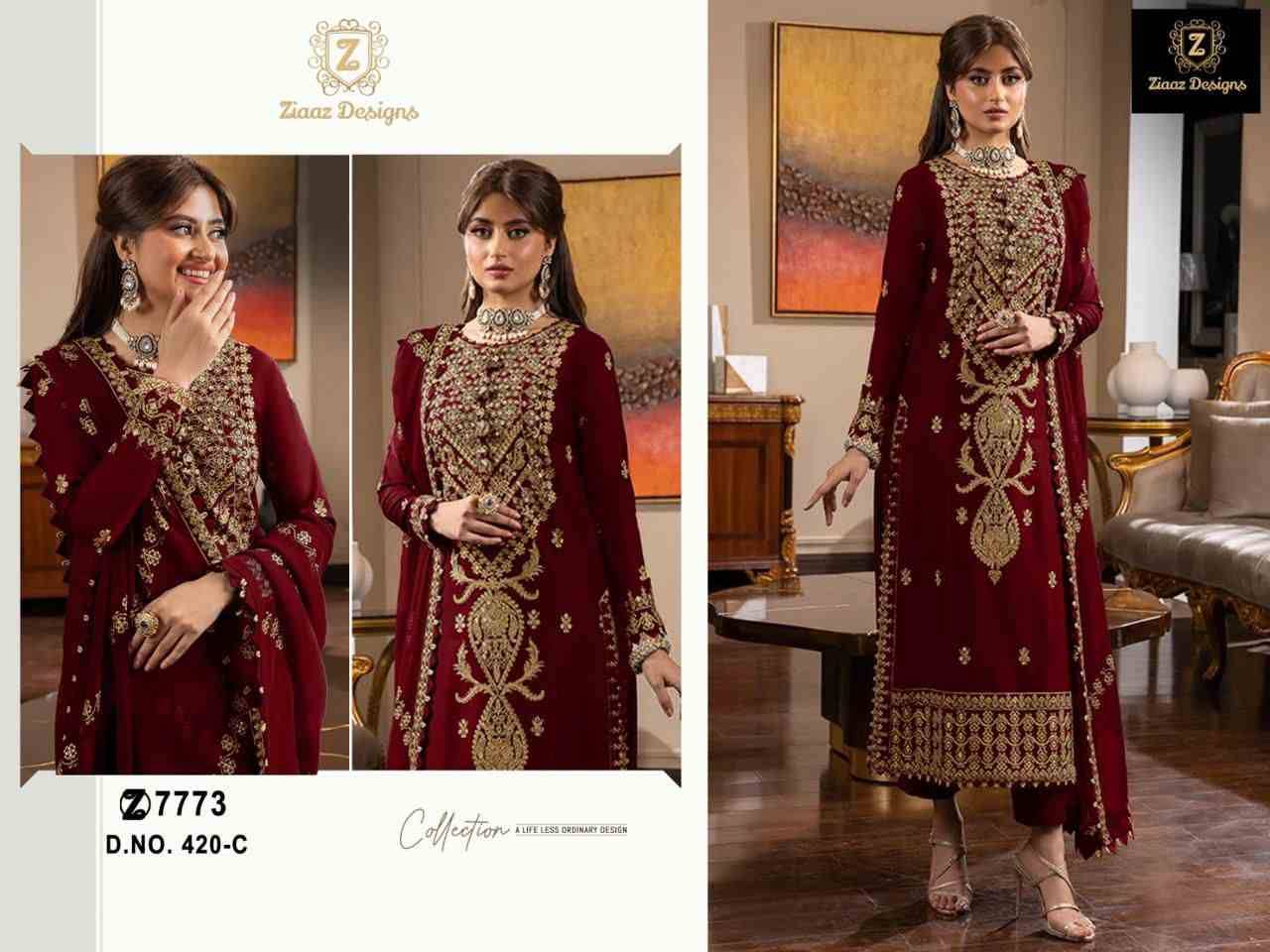 Ziaaz Designs Hit Design 420 Colours By Ziaaz Designs 420-A To 420-D Series Designer Pakistani Suits Collection Beautiful Stylish Fancy Colorful Party Wear & Occasional Wear Faux Georgette Embroidered Dresses At Wholesale Price