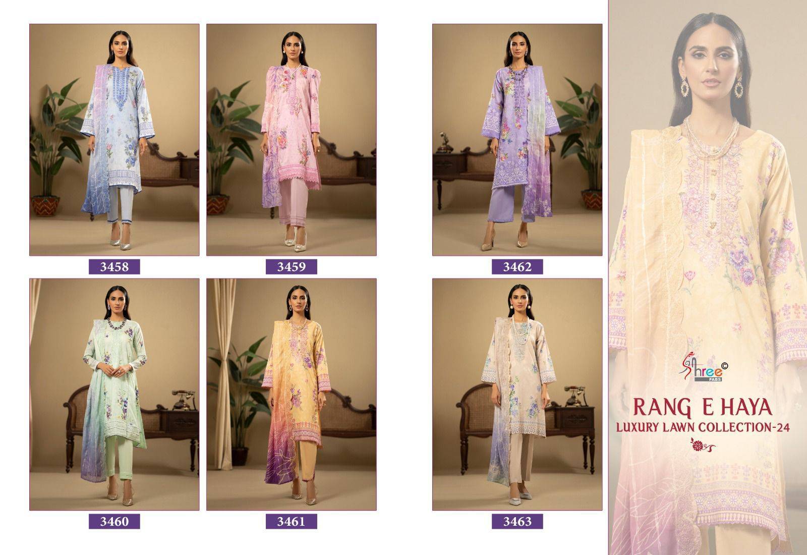 Rang E Haya Luxury Lawn Collection-24 Vol-1 By Shree Fabs 3458 To 3463 Series Beautiful Pakistani Suits Stylish Fancy Colorful Party Wear & Occasional Wear Pure Cotton With Embroidery Dresses At Wholesale Price