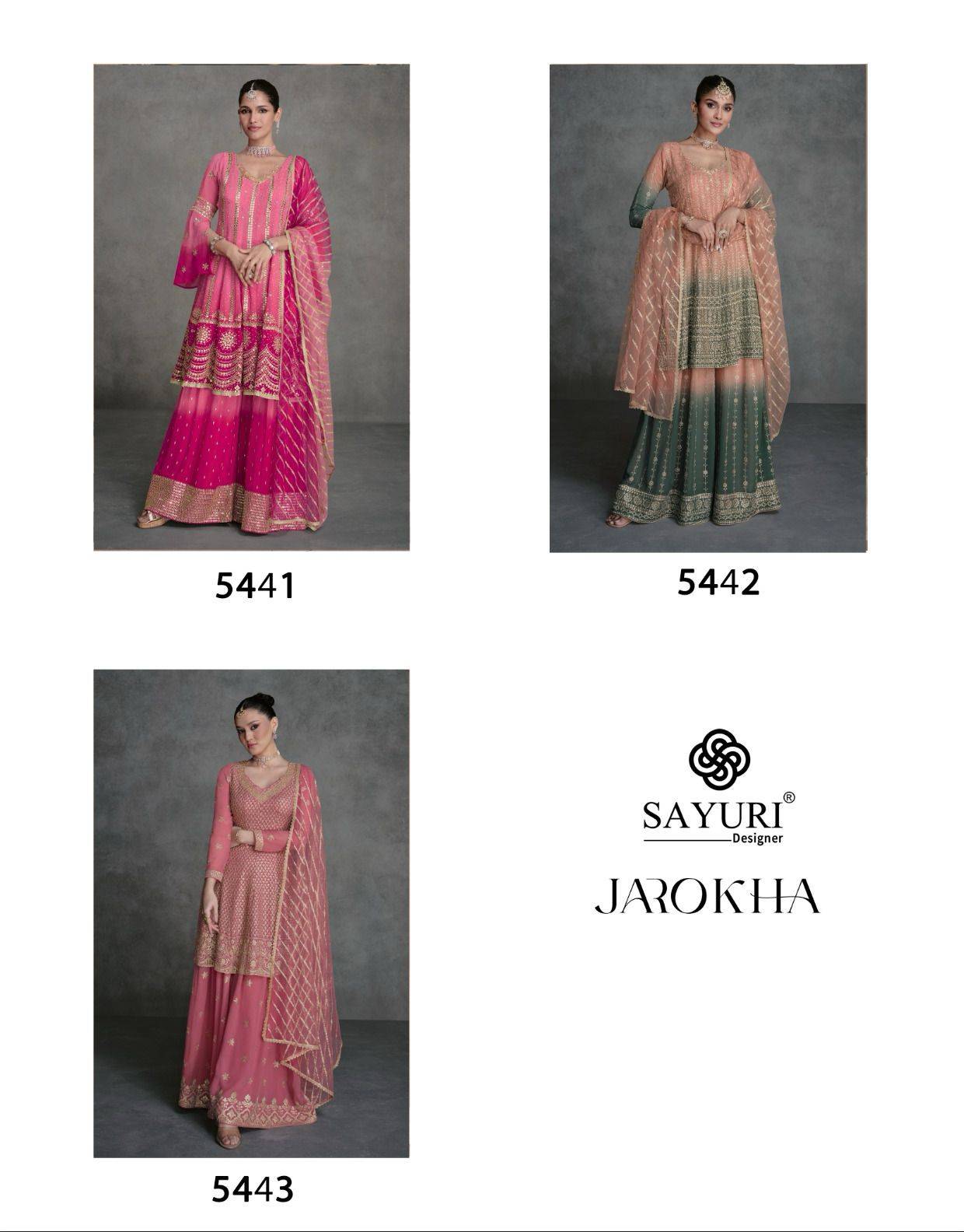 Jarokha By Sayuri 5441 To 5443 Series Beautiful Stylish Fancy Colorful Casual Wear & Ethnic Wear Georgette Gowns With Dupatta At Wholesale Price