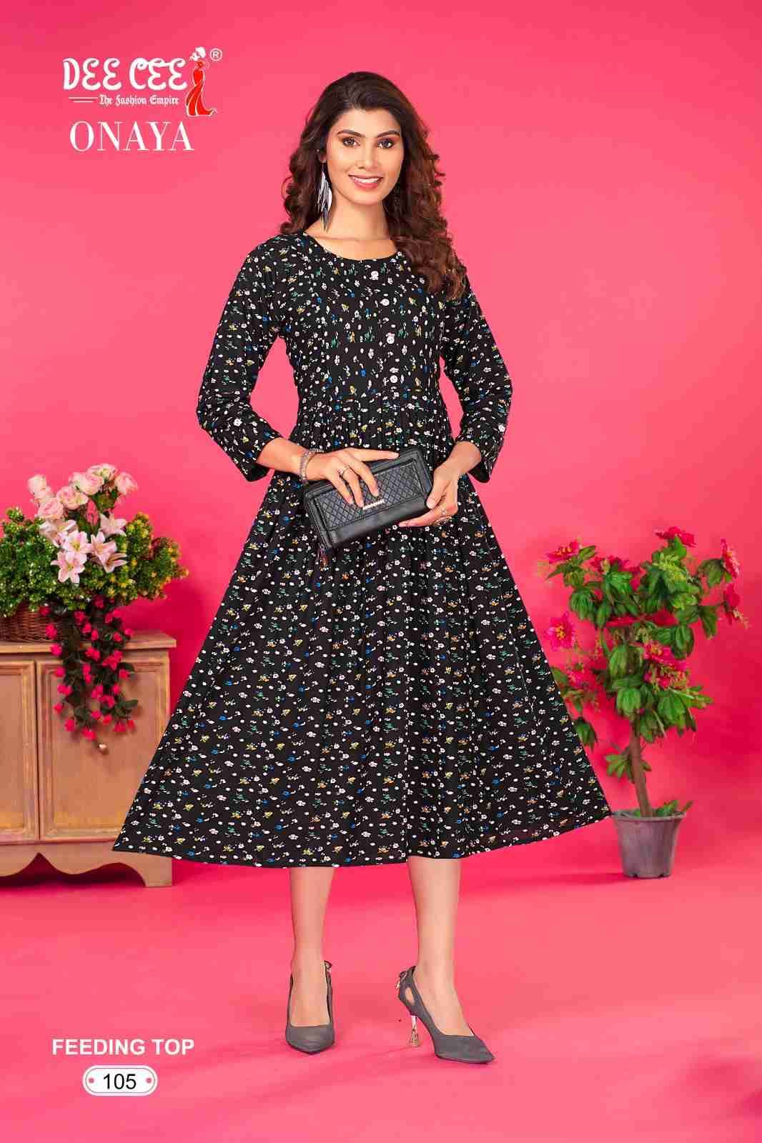ONAYA BY DEE CEE 101 TO 106 SERIES DESIGNER STYLISH FANCY COLORFUL BEAUTIFUL PARTY WEAR & ETHNIC WEAR COLLECTION HEAVY RAYON PRINT KURTIS AT WHOLESALE PRICE