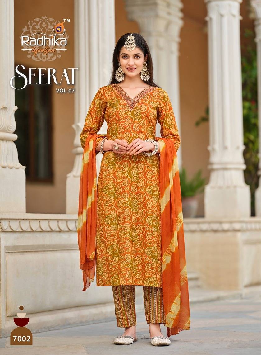Seerat Vol-7 By Radhika Lifestyle 7001 To 7008 Series Designer Stylish Fancy Colorful Beautiful Party Wear & Ethnic Wear Collection Rayon Foil Print Dresses At Wholesale Price