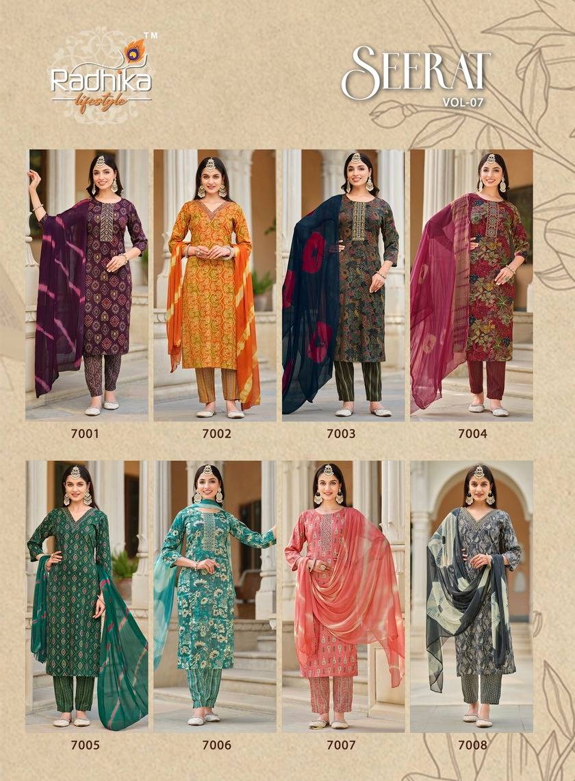 Seerat Vol-7 By Radhika Lifestyle 7001 To 7008 Series Designer Stylish Fancy Colorful Beautiful Party Wear & Ethnic Wear Collection Rayon Foil Print Dresses At Wholesale Price