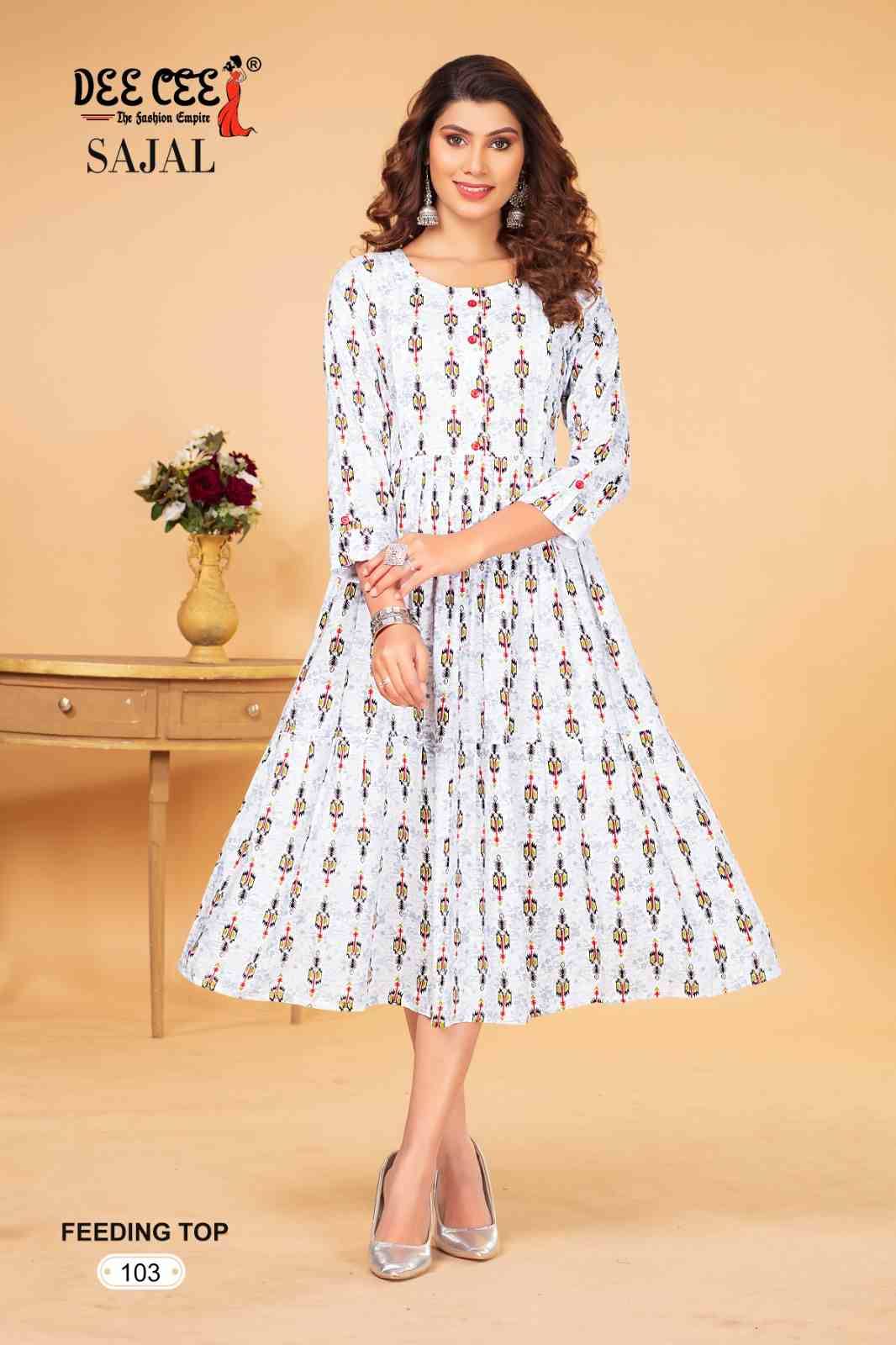 SAJAL BY DEE CEE 101 TO 106 SERIES DESIGNER STYLISH FANCY COLORFUL BEAUTIFUL PARTY WEAR & ETHNIC WEAR COLLECTION HEAVY RAYON PRINT KURTIS AT WHOLESALE PRICE