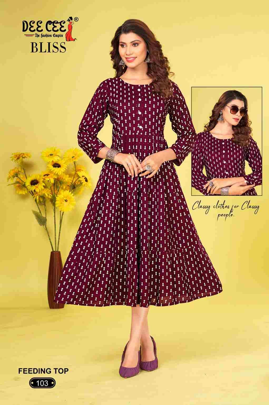 BLISS BY DEE CEE 101 TO 106 SERIES DESIGNER STYLISH FANCY COLORFUL BEAUTIFUL PARTY WEAR & ETHNIC WEAR COLLECTION HEAVY RAYON PRINT KURTIS AT WHOLESALE PRICE