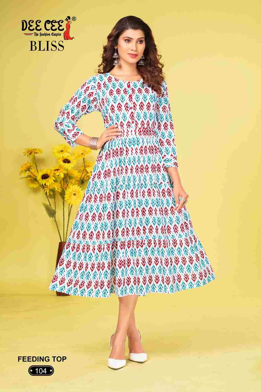 BLISS BY DEE CEE 101 TO 106 SERIES DESIGNER STYLISH FANCY COLORFUL BEAUTIFUL PARTY WEAR & ETHNIC WEAR COLLECTION HEAVY RAYON PRINT KURTIS AT WHOLESALE PRICE