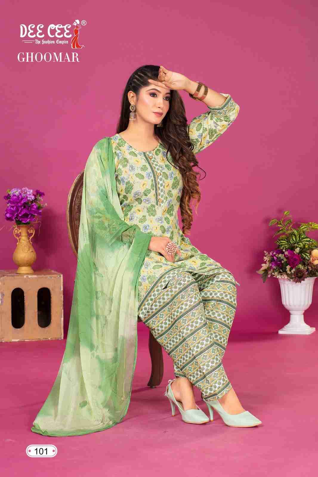 GHOOMAR BY DEE CEE 101 TO 106 SERIES DESIGNER STYLISH FANCY COLORFUL BEAUTIFUL PARTY WEAR & ETHNIC WEAR COLLECTION HEAVY COTTON PRINT DRESSES AT WHOLESALE PRICE