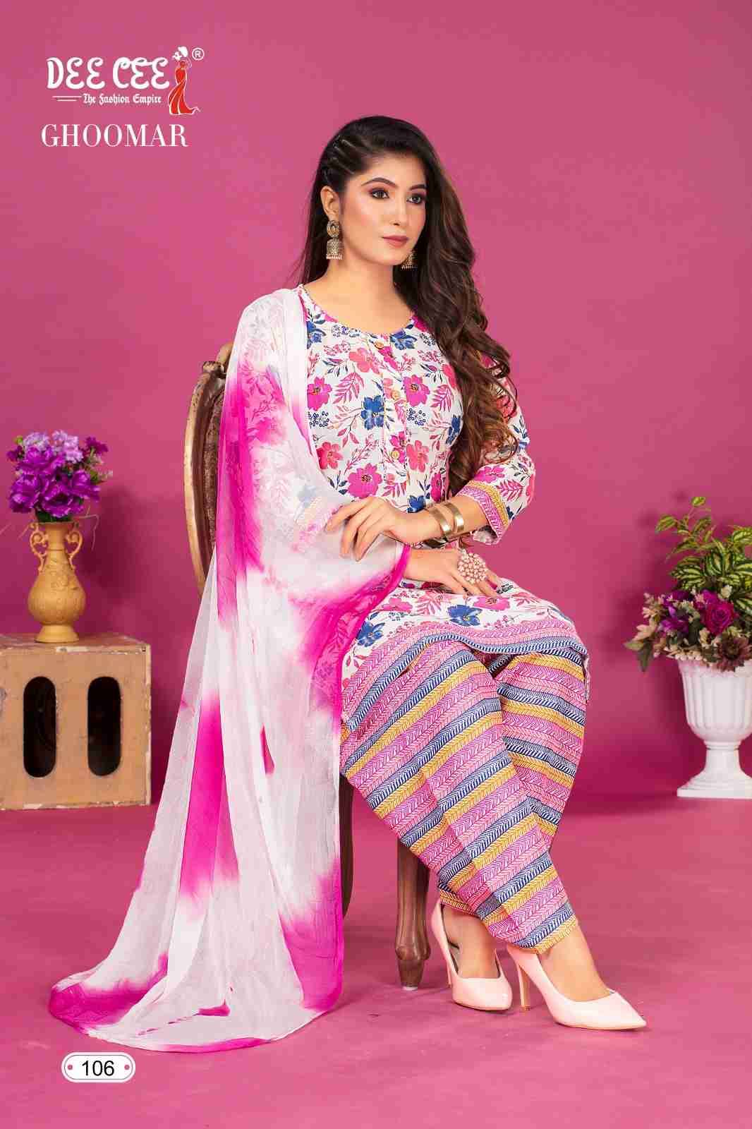 GHOOMAR BY DEE CEE 101 TO 106 SERIES DESIGNER STYLISH FANCY COLORFUL BEAUTIFUL PARTY WEAR & ETHNIC WEAR COLLECTION HEAVY COTTON PRINT DRESSES AT WHOLESALE PRICE