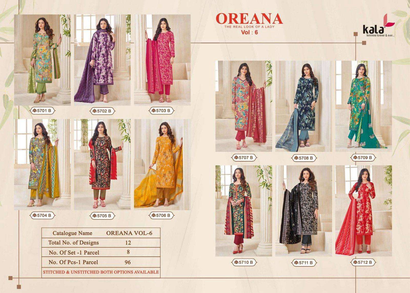 Oreana Vol-6 By Kala 5701 To 5712 Series Beautiful Suits Colorful Stylish Fancy Casual Wear & Ethnic Wear Pure Cotton Print Dresses At Wholesale Price