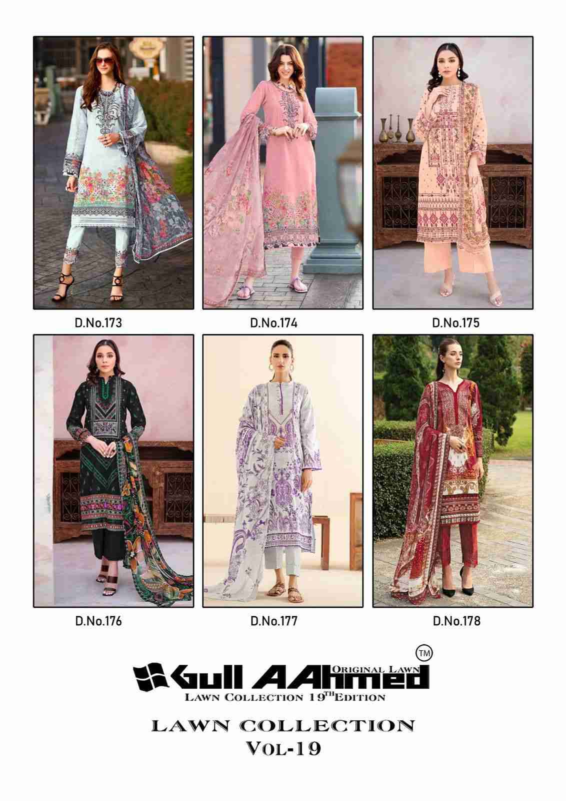 Gull Aahmed Lawn Collection Vol-19 By Gull Aahmed 173 To 178 Series Beautiful Festive Suits Colorful Stylish Fancy Casual Wear & Ethnic Wear Pure Lawn Dresses At Wholesale Price