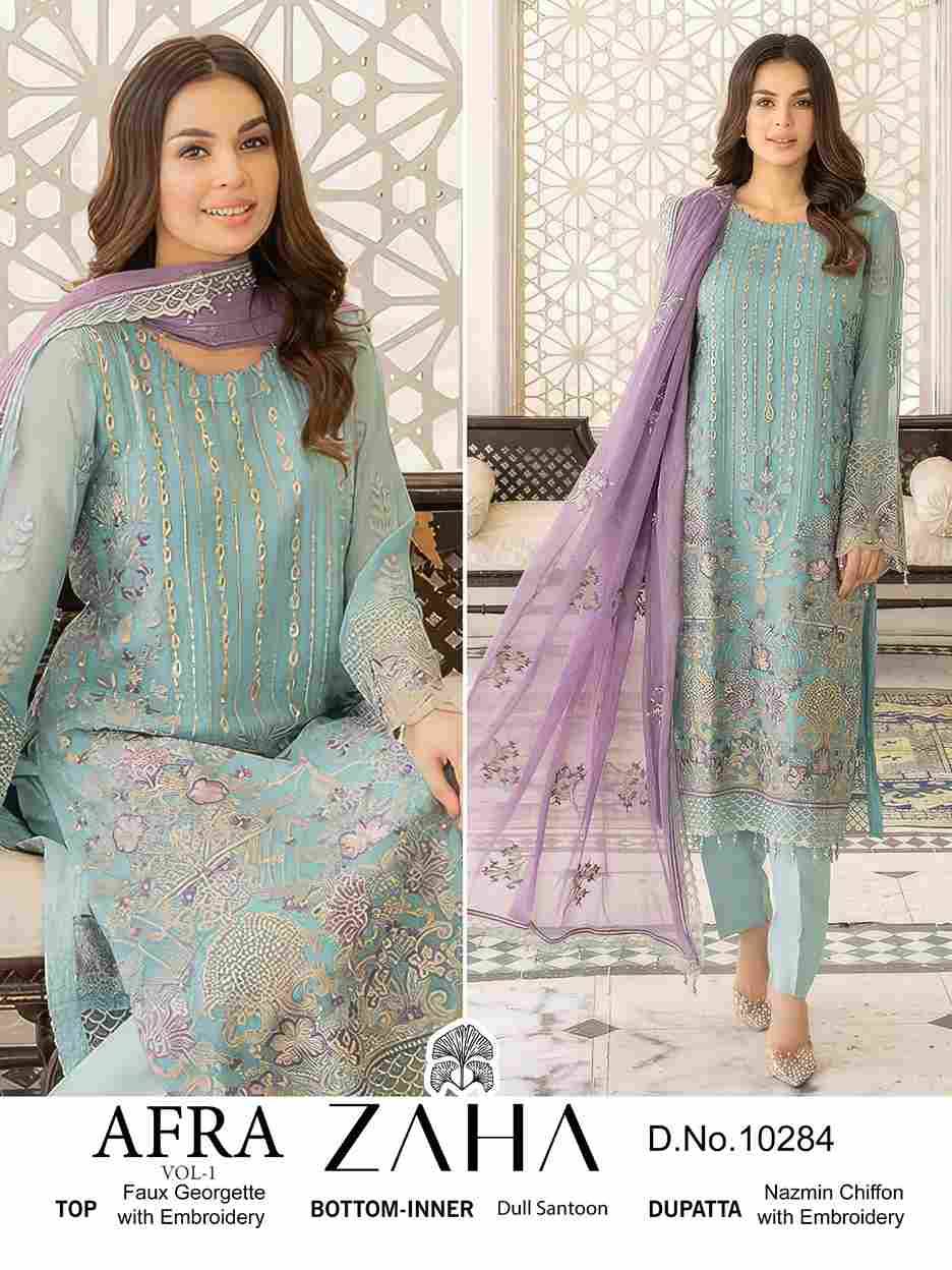 Afra Vol-1 By Zaha 10284 To 10286 Series Designer Pakistani Suits Beautiful Stylish Fancy Colorful Party Wear & Occasional Wear Faux Georgette With Embroidery Dresses At Wholesale Price