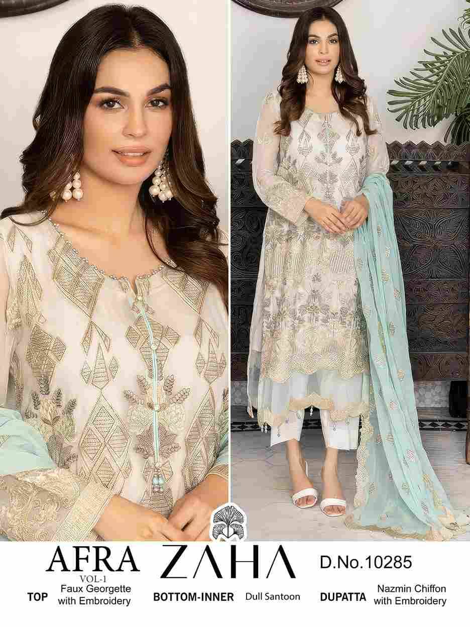 Afra Vol-1 By Zaha 10284 To 10286 Series Designer Pakistani Suits Beautiful Stylish Fancy Colorful Party Wear & Occasional Wear Faux Georgette With Embroidery Dresses At Wholesale Price