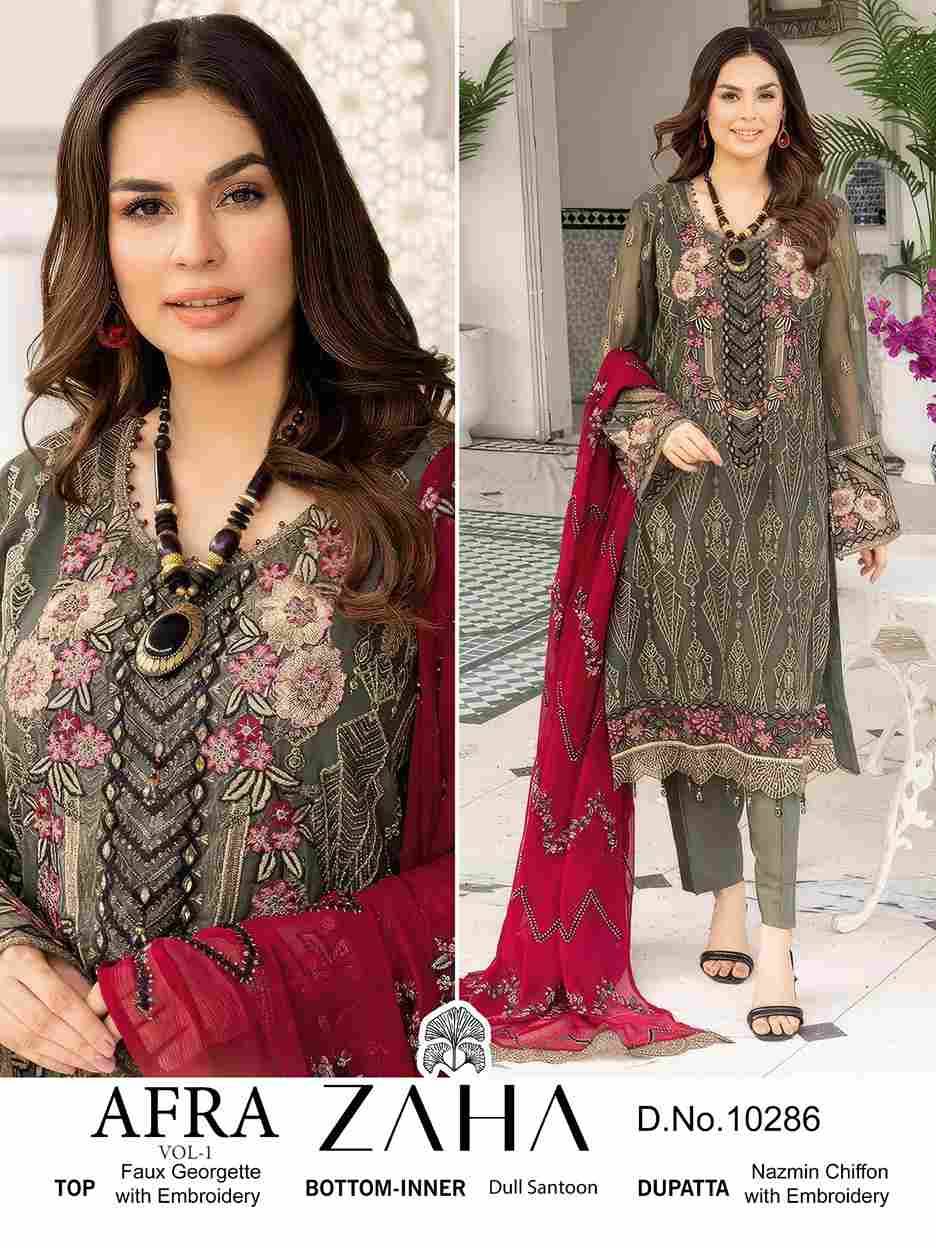 Afra Vol-1 By Zaha 10284 To 10286 Series Designer Pakistani Suits Beautiful Stylish Fancy Colorful Party Wear & Occasional Wear Faux Georgette With Embroidery Dresses At Wholesale Price