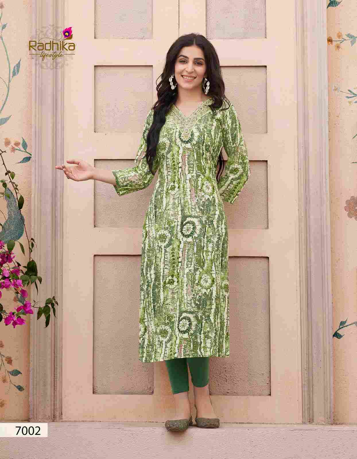 Pahel Vol-7 By Radhika Lifestyle 7001 To 7007 Series Designer Festive Suits Collection Beautiful Stylish Fancy Colorful Party Wear & Occasional Wear Rayon Print Kurtis At Wholesale Price