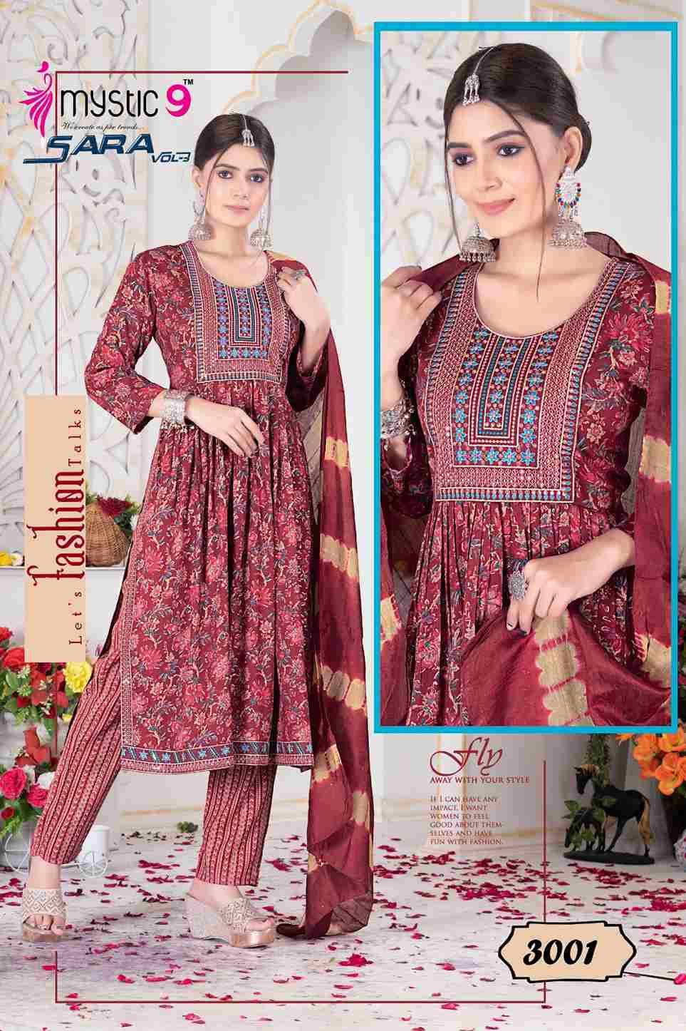 Sara Vol-3 By Mystic 9 3001 To 3008 Series Indian Traditional Wear Collection Beautiful Stylish Fancy Colorful Party Wear & Wear Rayon Foil Dress At Wholesale Price