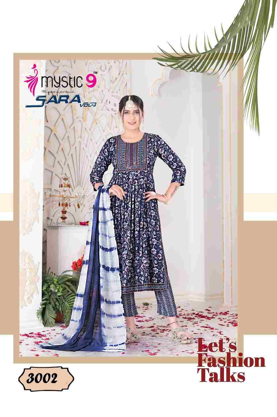 Sara Vol-3 By Mystic 9 3001 To 3008 Series Indian Traditional Wear Collection Beautiful Stylish Fancy Colorful Party Wear & Wear Rayon Foil Dress At Wholesale Price