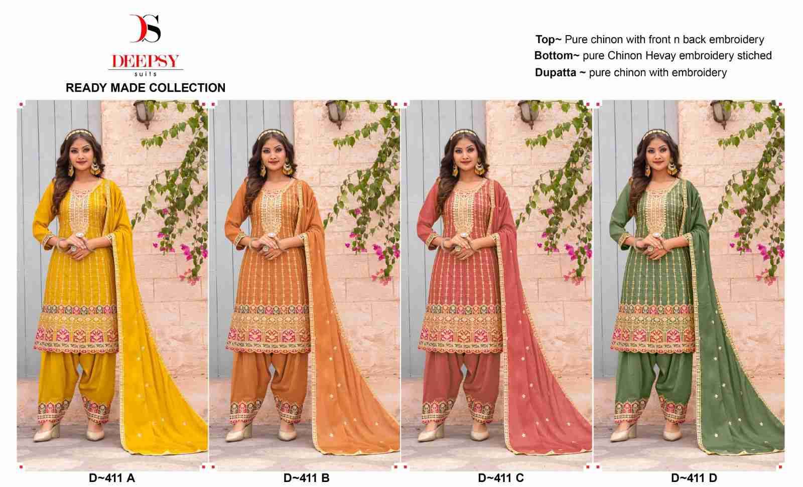 Deepsy Hit Design 411 Colours By Deepsy Suits 411-A To 411-D Series Designer Pakistani Suits Beautiful Fancy Stylish Colorful Party Wear & Occasional Wear Pure Chinnon With Embroidery Dresses At Wholesale Price