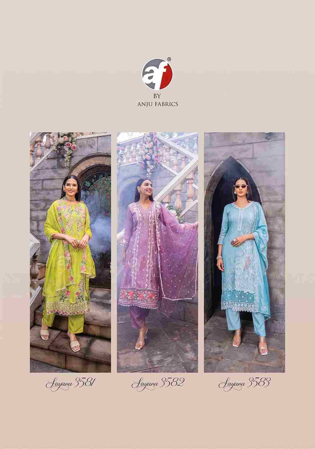 Sayara By Anju Fabrics 3581 To 3585 Series Beautiful Festive Suits Colorful Stylish Fancy Casual Wear & Ethnic Wear Pure Muslin Dresses At Wholesale Price