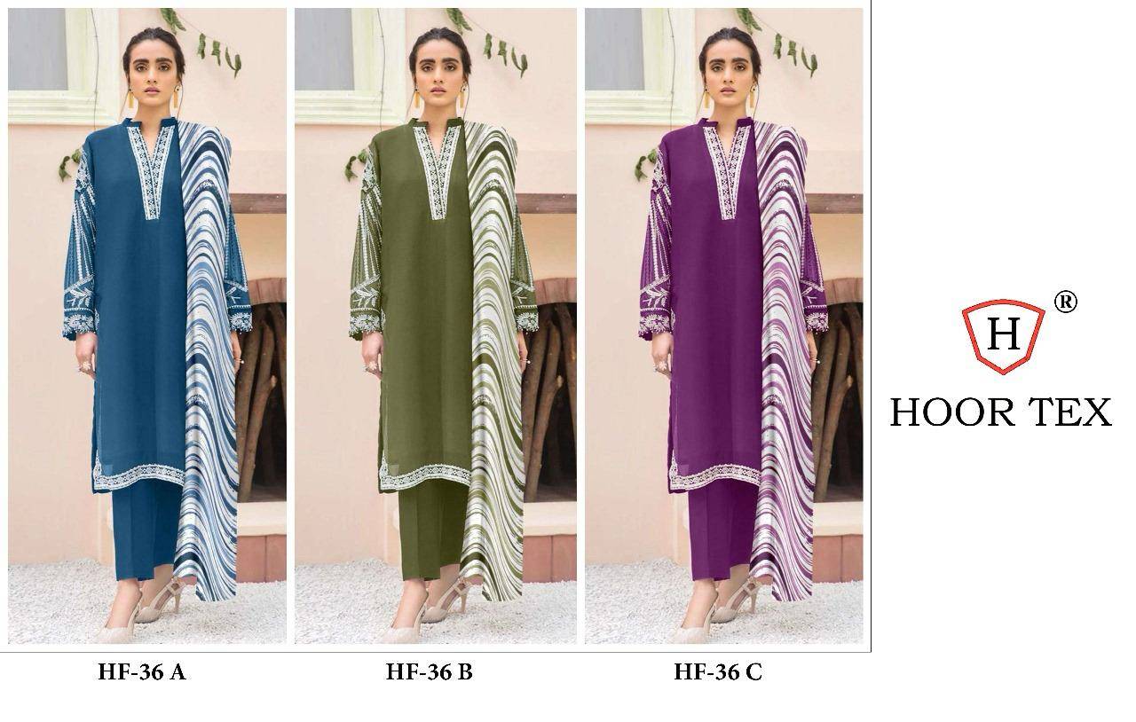 Hoor Tex Hit Design HF-36 Colours By Hoor Tex HF-36-A To HF-36-C Series Designer Festive Pakistani Suits Collection Beautiful Stylish Fancy Colorful Party Wear & Occasional Wear Heavy Georgette Embroidered Dresses At Wholesale Price