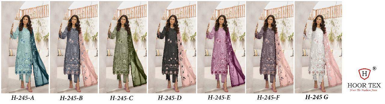 Hoor Tex Hit Design H-245 Colours By Hoor Tex H-245-A To H-245-G Series Designer Festive Pakistani Suits Collection Beautiful Stylish Fancy Colorful Party Wear & Occasional Wear Faux Georgette Embroidered Dresses At Wholesale Price
