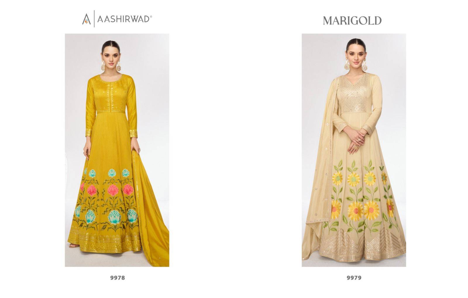Marigold By Aashirwad Creation 9978 To 9979 Series Designer Stylish Fancy Colorful Beautiful Party Wear & Ethnic Wear Collection Premium Silk Gowns With Bottom At Wholesale Price