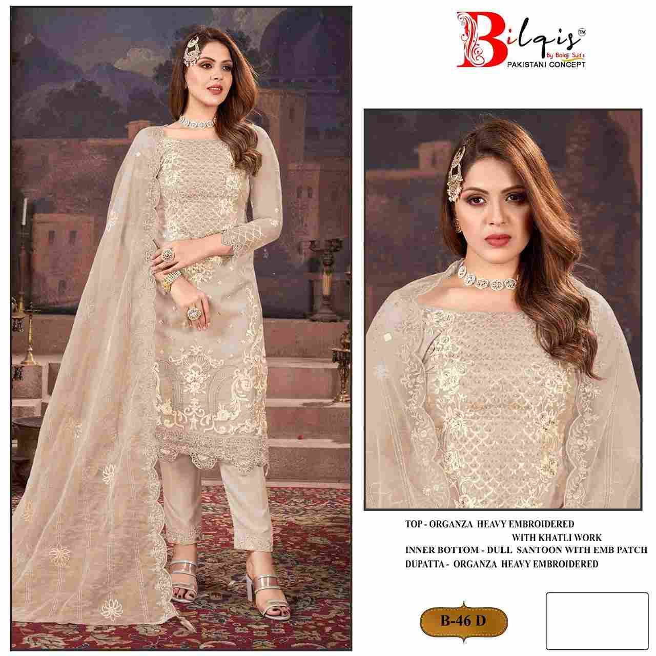 Bilqis 46 Colours By Bilqis 46-A To 46-D Series Beautiful Pakistani Suits Stylish Fancy Colorful Party Wear & Occasional Wear Organza Embroidery Dresses At Wholesale Price