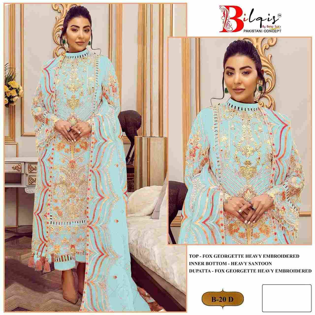 Bilqis 20 Colours By Bilqis 20-A To 20-D Series Beautiful Pakistani Suits Stylish Fancy Colorful Party Wear & Occasional Wear Faux Georgette Embroidery Dresses At Wholesale Price