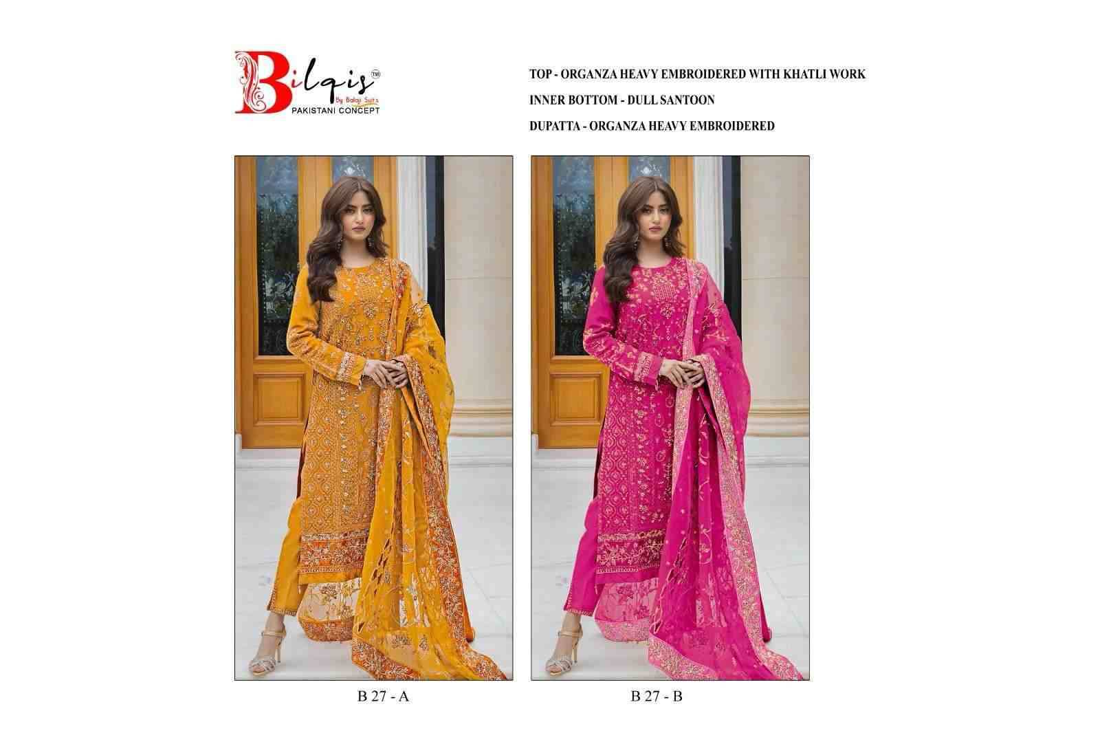 Bilqis 27 Colours By Bilqis 27-A To 27-B Series Beautiful Pakistani Suits Stylish Fancy Colorful Party Wear & Occasional Wear Organza Embroidery Dresses At Wholesale Price