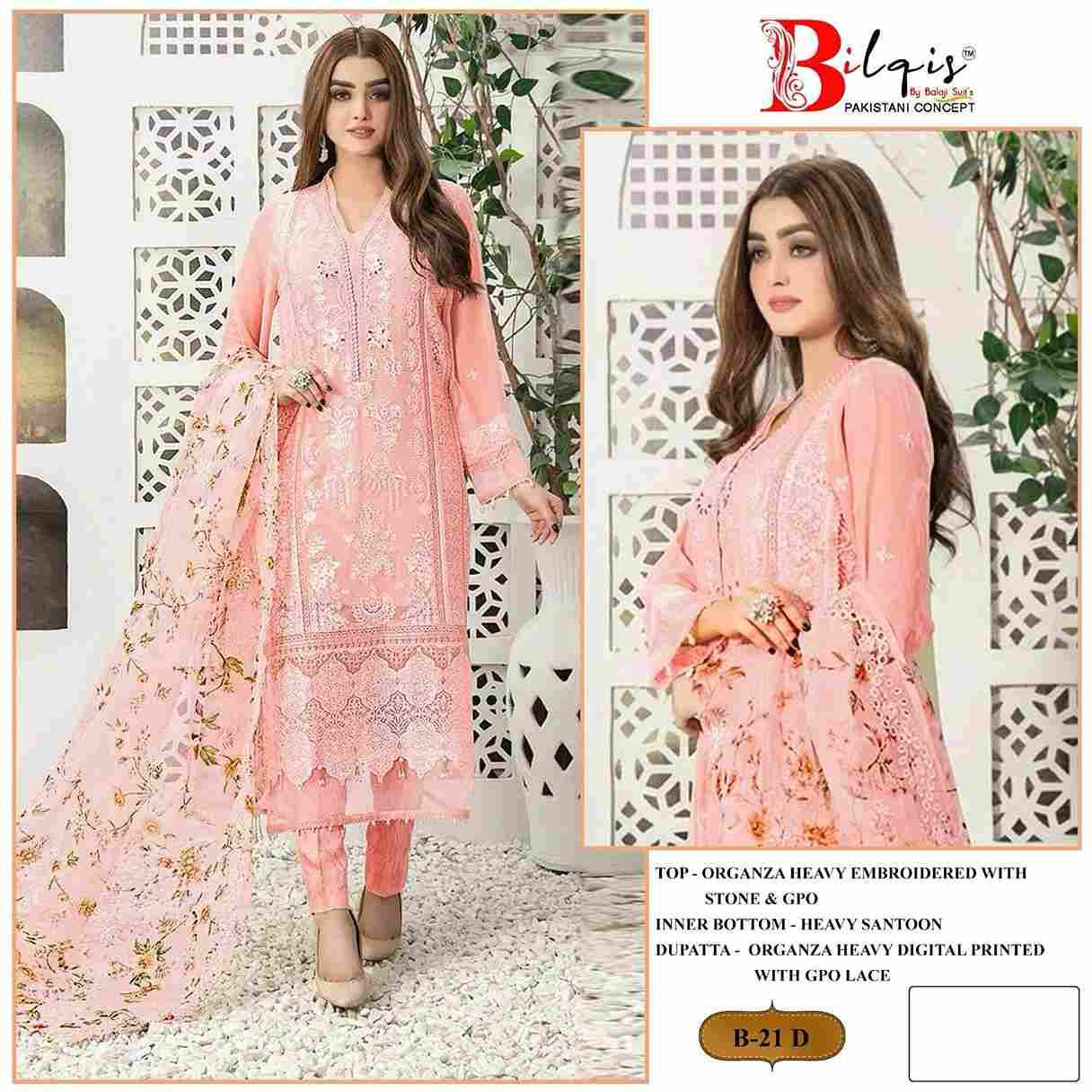 Bilqis 21 Colours By Bilqis 21-A To 21-D Series Beautiful Pakistani Suits Stylish Fancy Colorful Party Wear & Occasional Wear Organza Embroidery Dresses At Wholesale Price