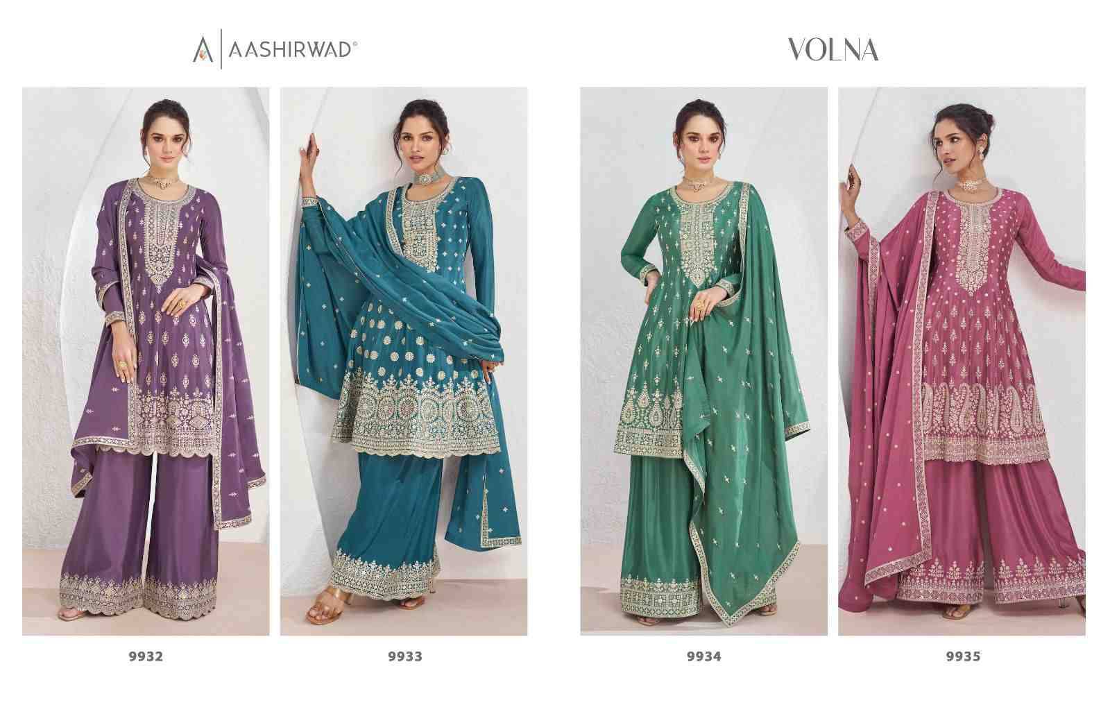 Volna By Aashirwad Creation 9932 To 9935 Series Beautiful Sharara Suits Colorful Stylish Fancy Casual Wear & Ethnic Wear Chinnon Silk Dresses At Wholesale Price