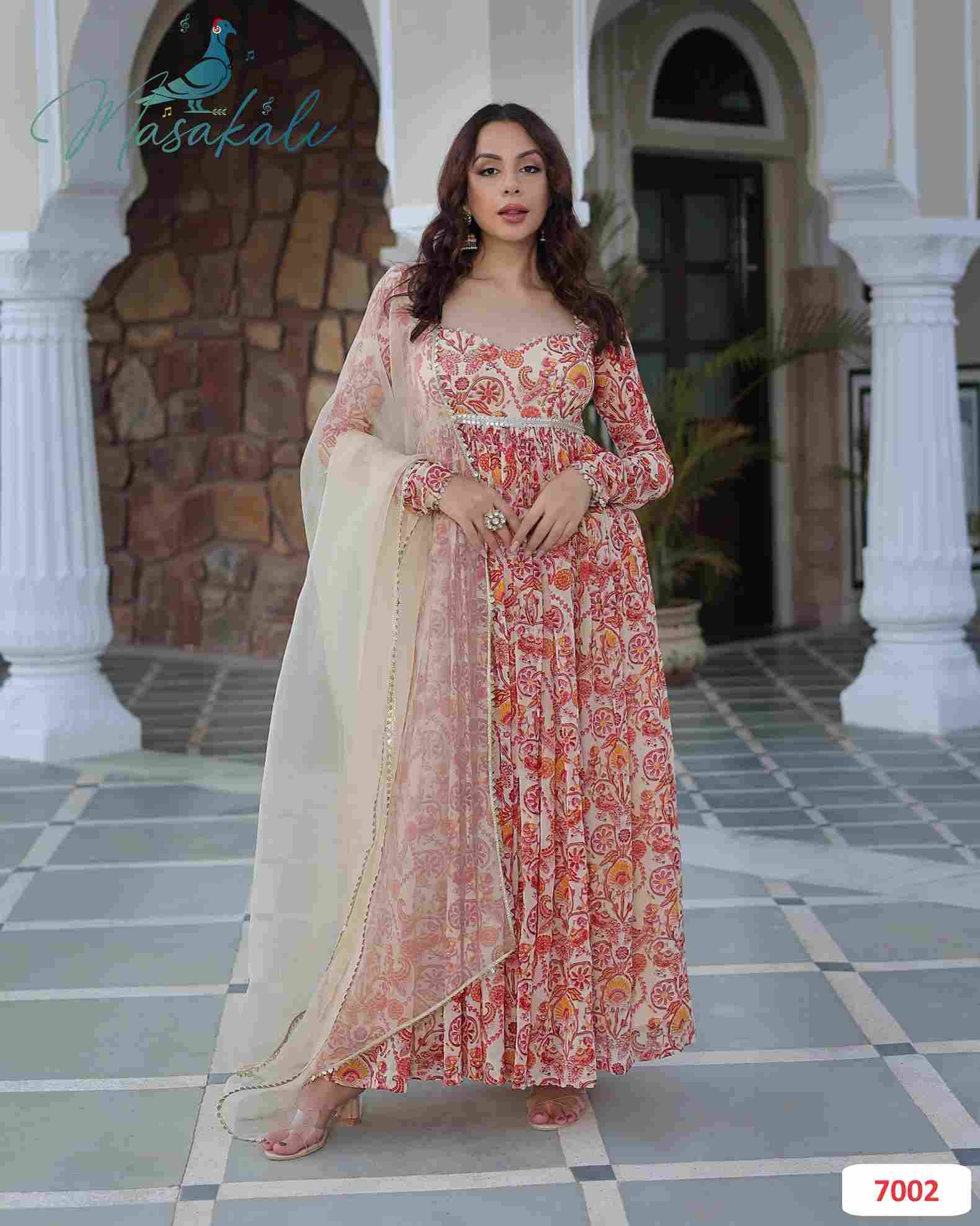 Masakali Vol-7 By Masakali 7001 To 7004 Series Beautiful Stylish Fancy Colorful Casual Wear & Ethnic Wear Soft Muslin Silk Gowns With Dupatta At Wholesale Price