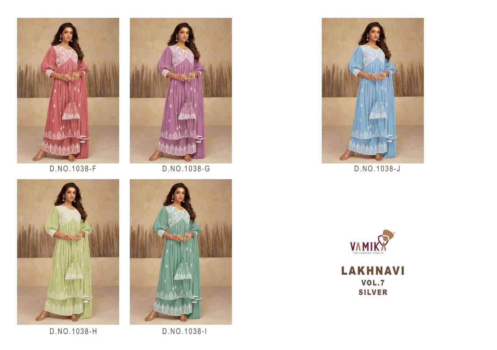 Lakhnavi Vol-7 Silver By Vamika 1038-F To 1038-J Series Beautiful Stylish Sharara Suits Fancy Colorful Casual Wear & Ethnic Wear & Ready To Wear Pure Rayon Printed Dresses At Wholesale Price