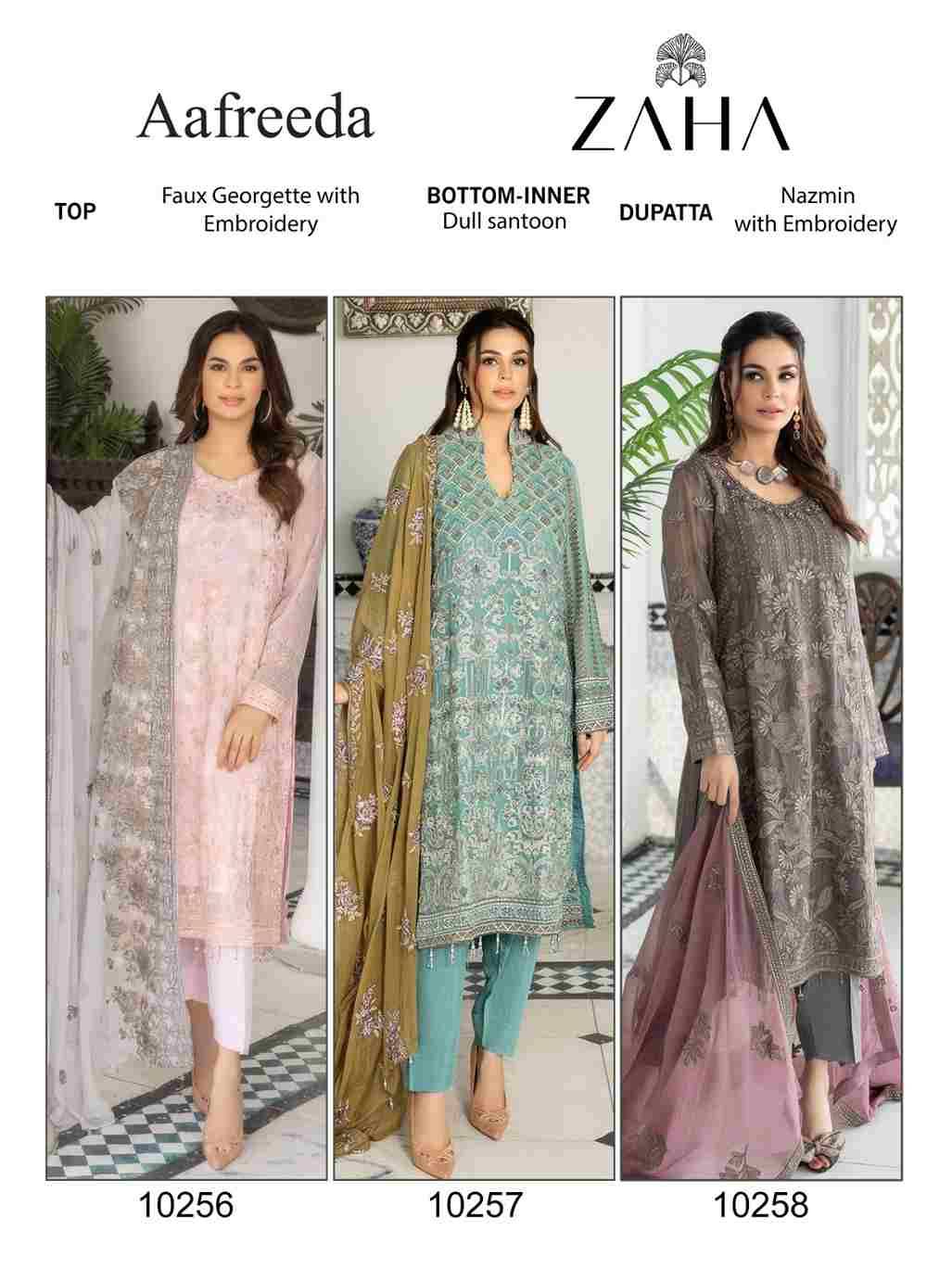 Aafreeda By Zaha 10256 To 10258 Series Designer Pakistani Suits Beautiful Stylish Fancy Colorful Party Wear & Occasional Wear Faux Georgette With Embroidery Dresses At Wholesale Price