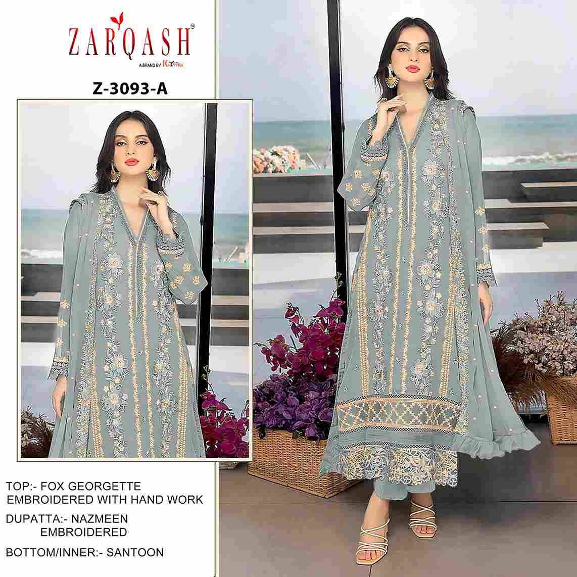 Zarqash Hit Design 3093 Colours By Zarqash 3093-A To 3093-D Series Beautiful Pakistani Suits Stylish Fancy Colorful Party Wear & Occasional Wear Faux Georgette Embroidered Dresses At Wholesale Price