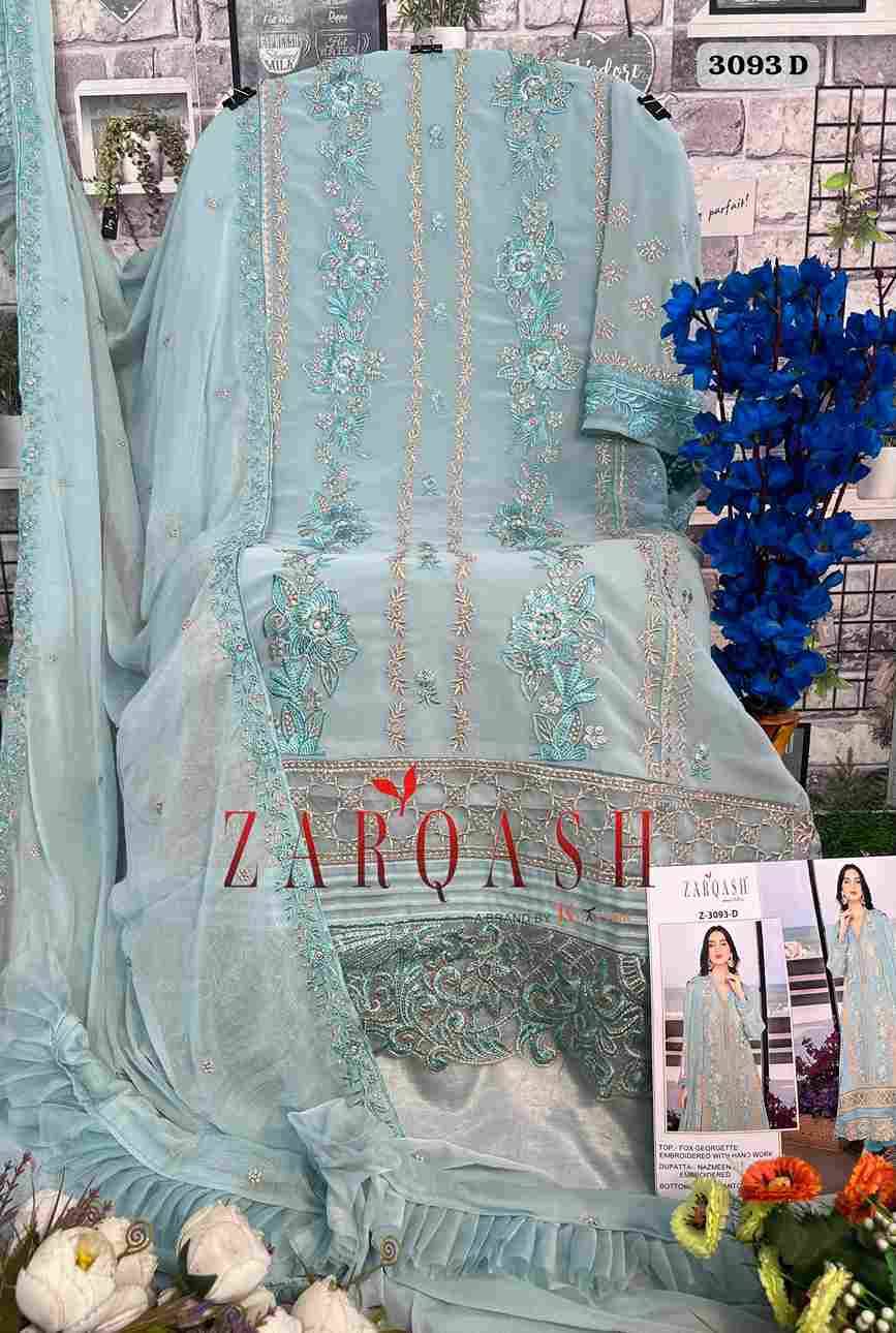 Zarqash Hit Design 3093 Colours By Zarqash 3093-A To 3093-D Series Beautiful Pakistani Suits Stylish Fancy Colorful Party Wear & Occasional Wear Faux Georgette Embroidered Dresses At Wholesale Price