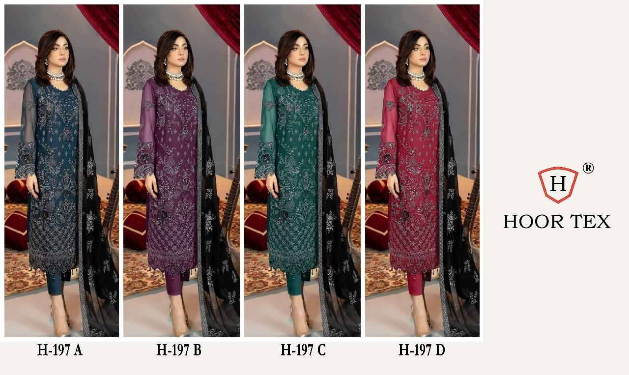 Hoor Tex Hit Design H-197 Colours By Hoor Tex H-197-A To H-197-D Series Designer Festive Pakistani Suits Collection Beautiful Stylish Fancy Colorful Party Wear & Occasional Wear Heavy Georgette Embroidered Dresses At Wholesale Price