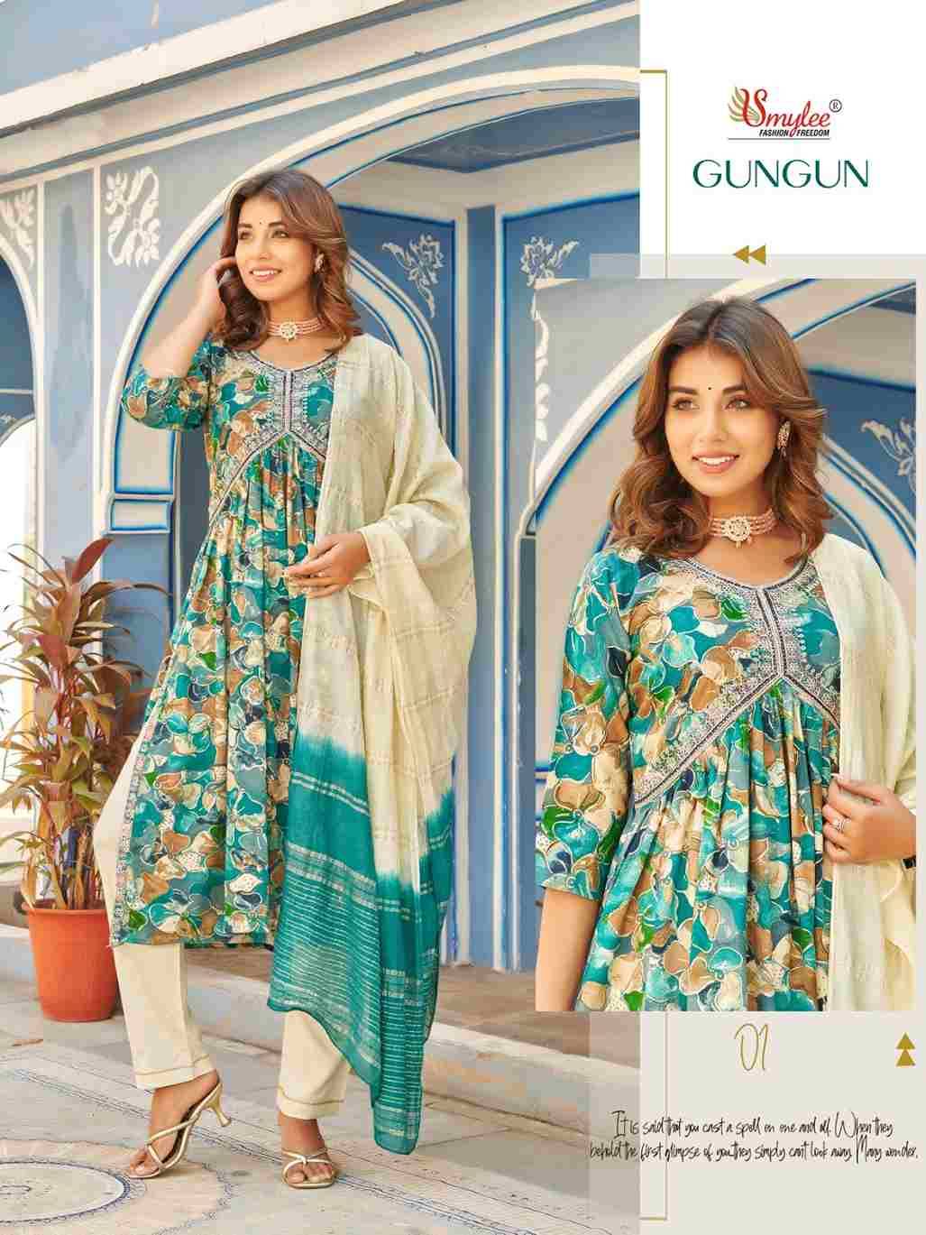 Gungun By Smylee 01 To 06 Series Designer Festive Suits Beautiful Fancy Stylish Colorful Party Wear & Occasional Wear Rayon Foil Print Embroidered Dresses At Wholesale Price