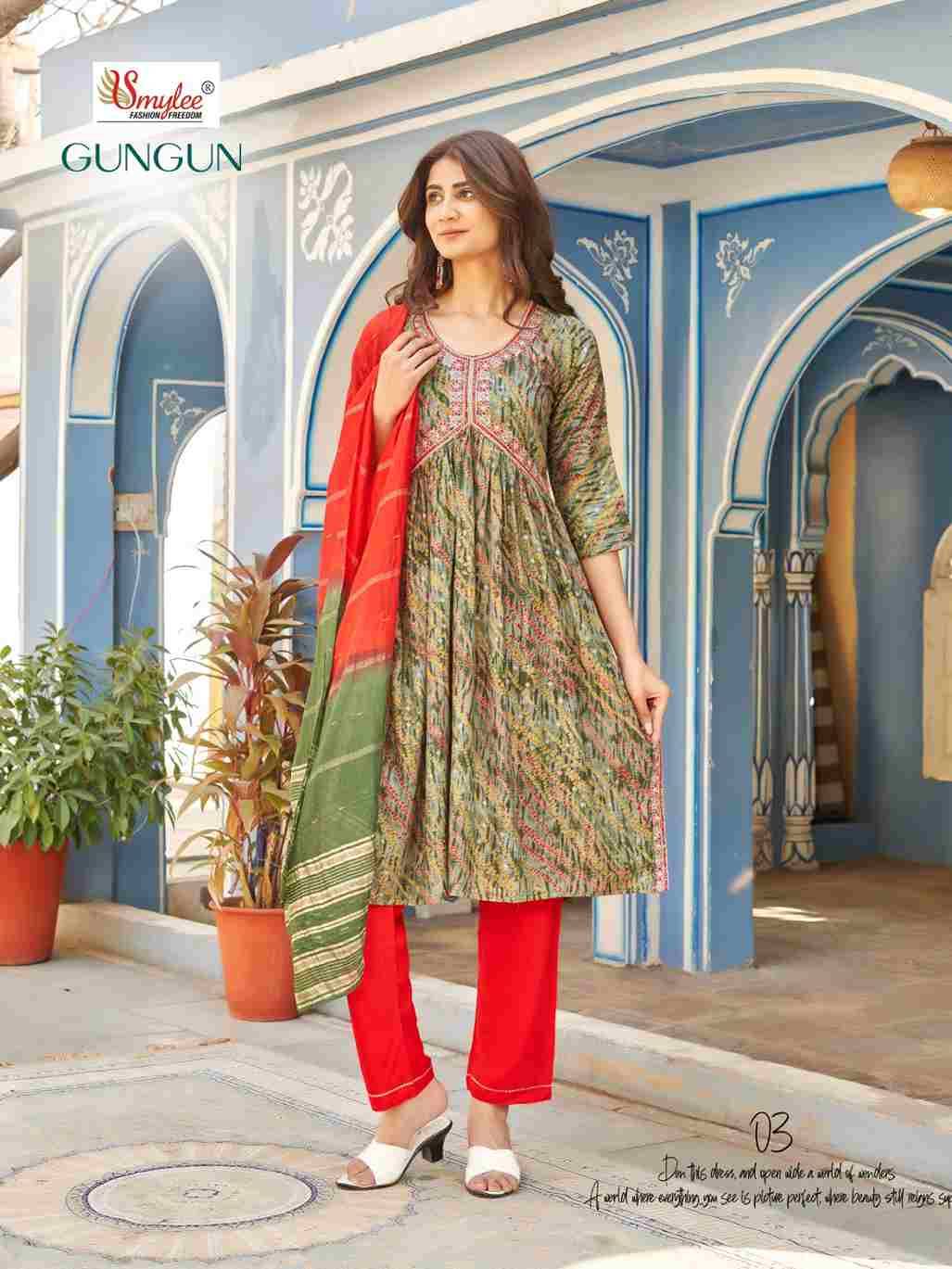 Gungun By Smylee 01 To 06 Series Designer Festive Suits Beautiful Fancy Stylish Colorful Party Wear & Occasional Wear Rayon Foil Print Embroidered Dresses At Wholesale Price