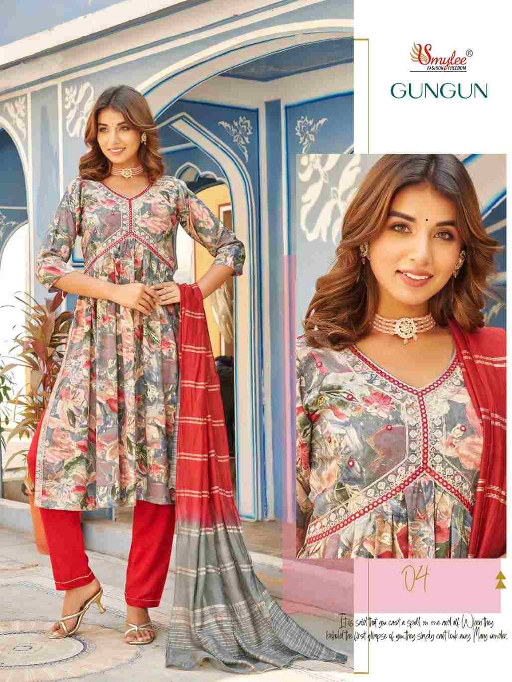 Gungun By Smylee 01 To 06 Series Designer Festive Suits Beautiful Fancy Stylish Colorful Party Wear & Occasional Wear Rayon Foil Print Embroidered Dresses At Wholesale Price