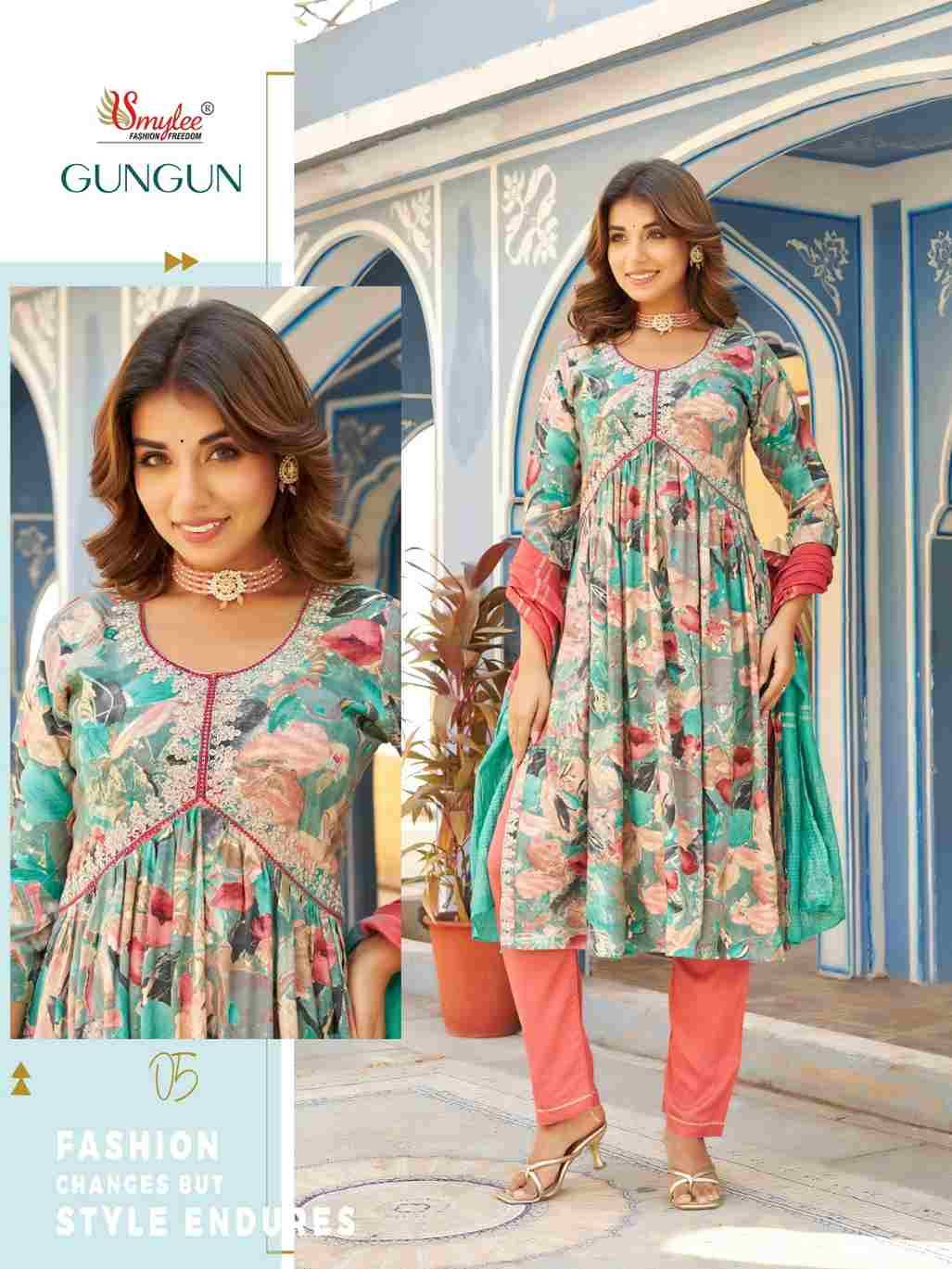 Gungun By Smylee 01 To 06 Series Designer Festive Suits Beautiful Fancy Stylish Colorful Party Wear & Occasional Wear Rayon Foil Print Embroidered Dresses At Wholesale Price